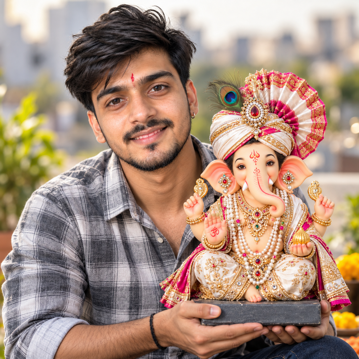 Young Indian man smiling while holding a detailed Lord Ganesha idol outdoors in a photorealistic Ganesh Chaturthi portrait.