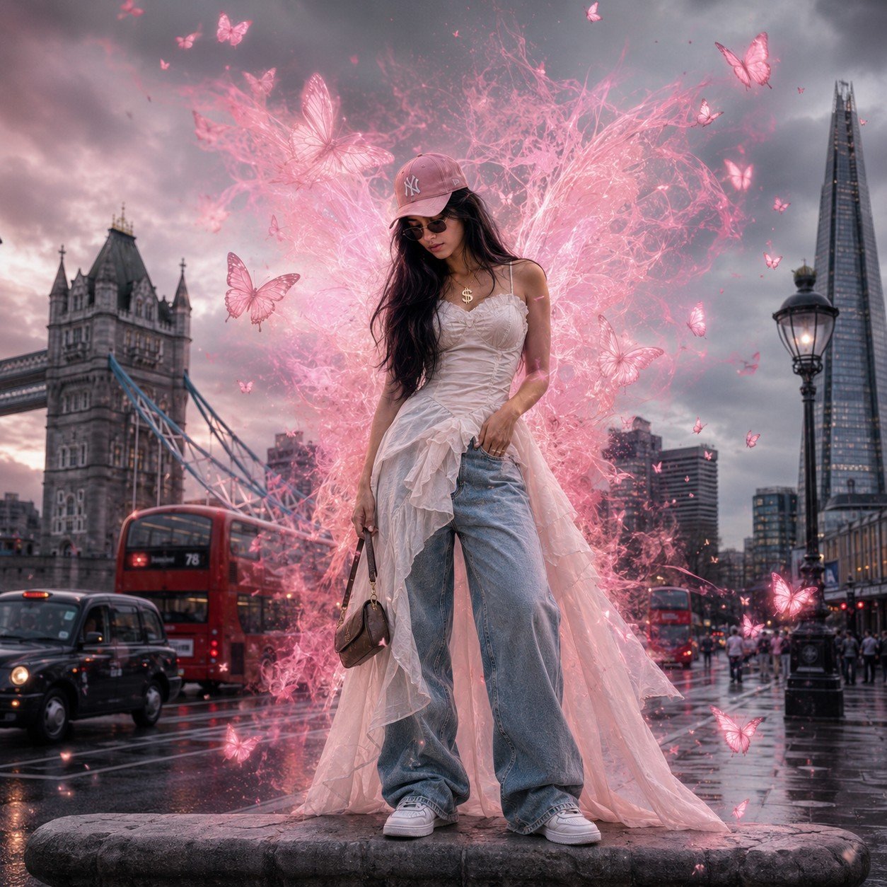 Stylish young girl near Tower Bridge and The Shard surrounded by glowing pink butterflies and fantasy streetwear aesthetics Prompt.
