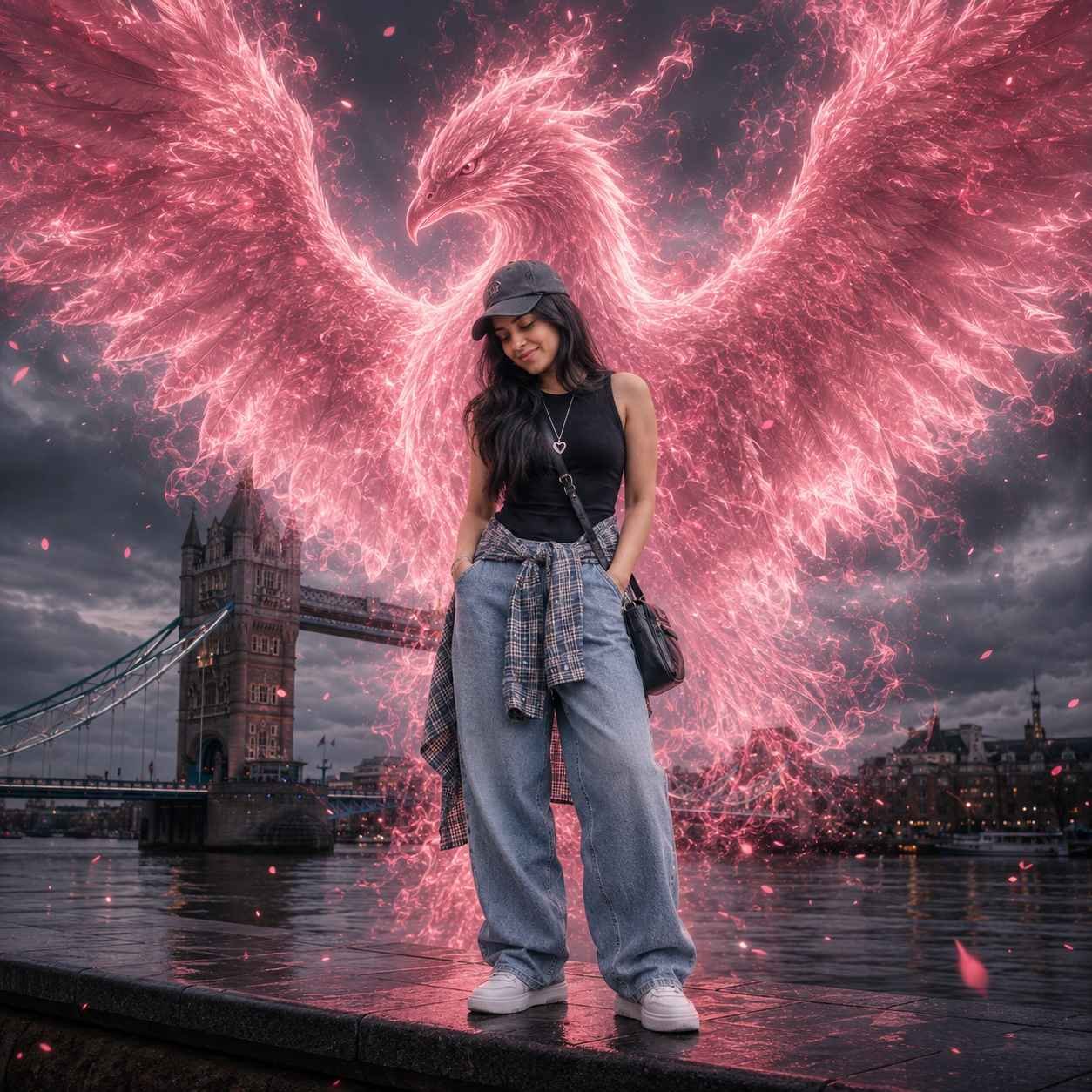 Stylish young girl near Tower Bridge in London with a giant glowing pink phoenix spirit and cinematic fantasy effects Prompt.