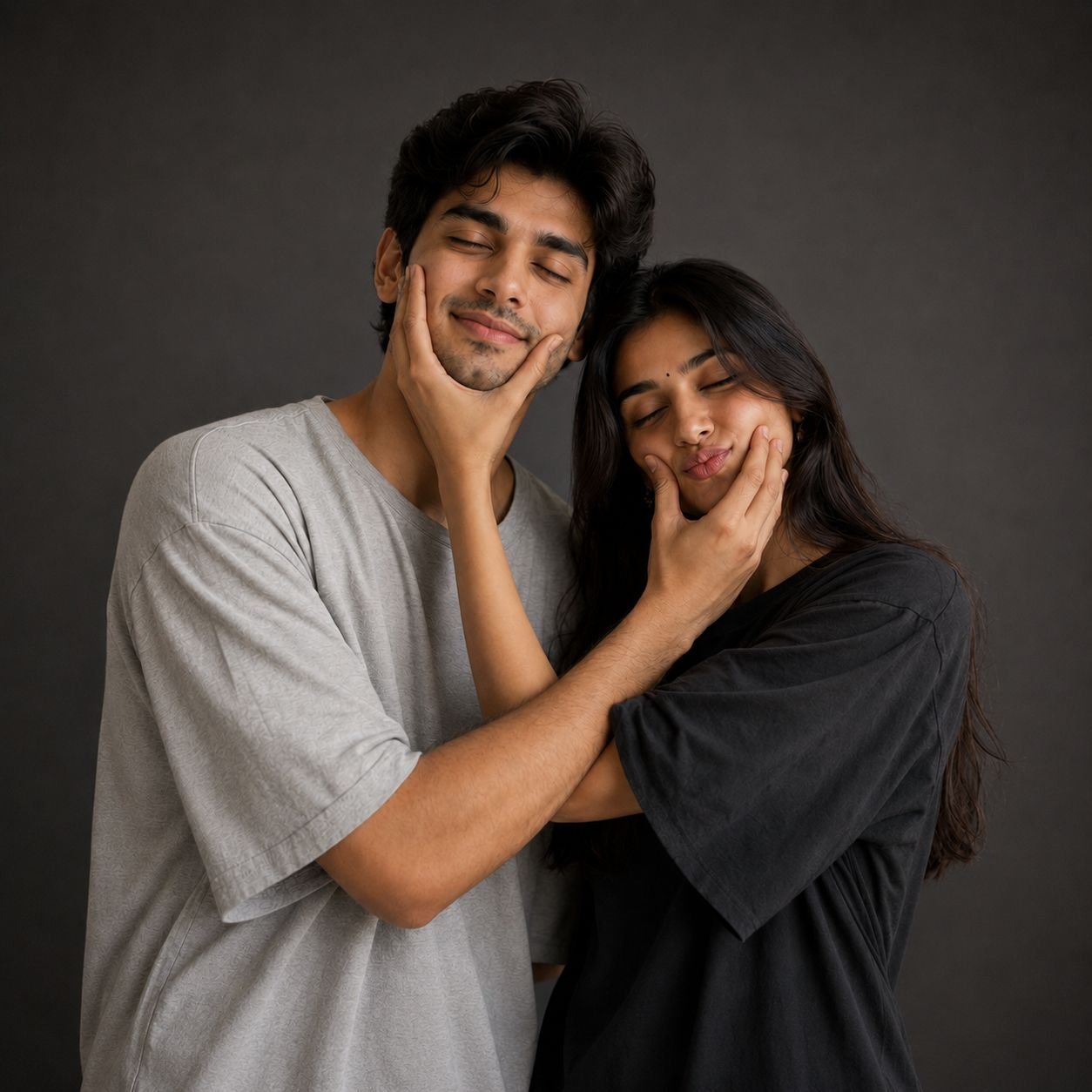 Young couple sharing a playful cheek-squish pose in a cinematic studio portrait with soft lighting and photorealistic detail Prompt.