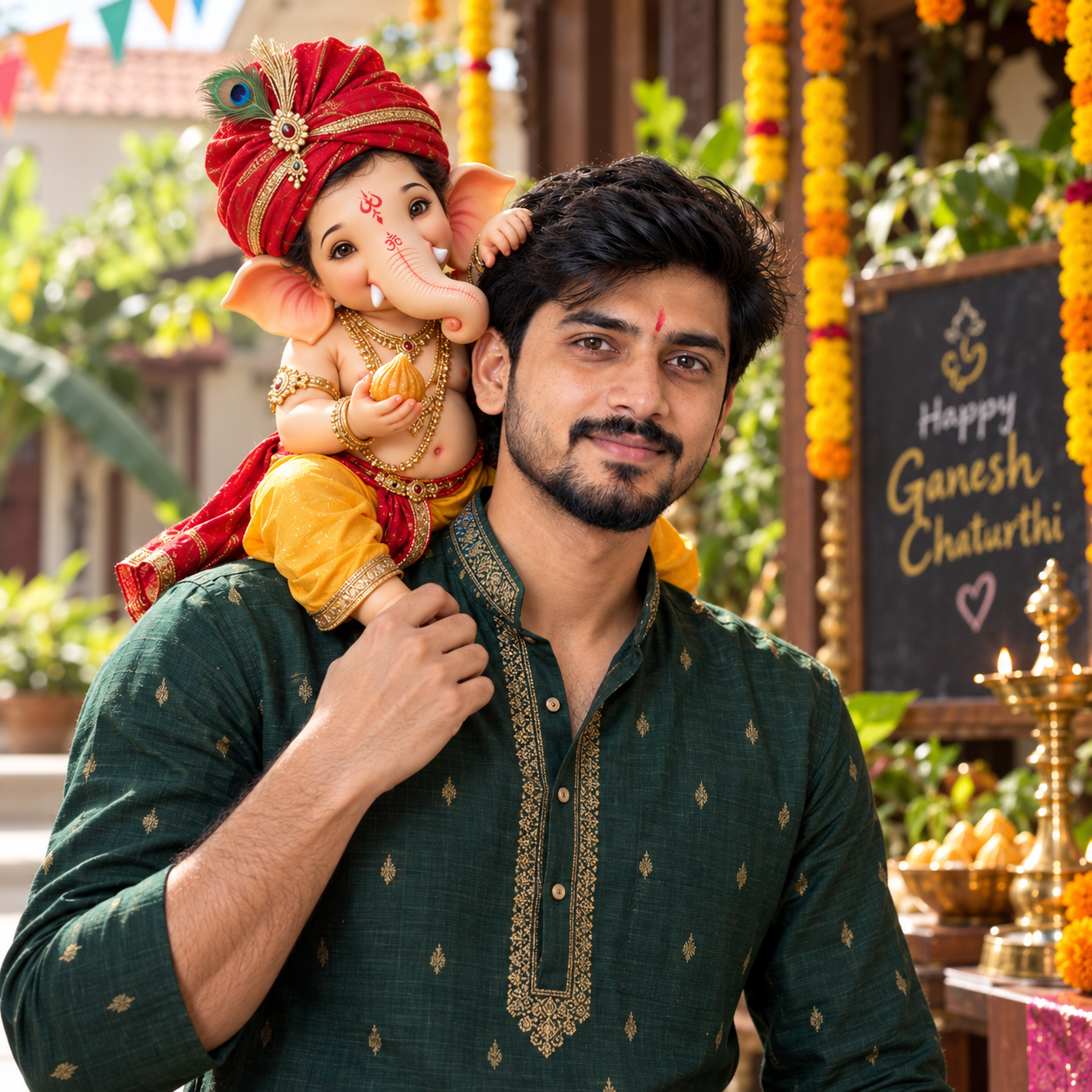 Indian man in a green kurta smiling at the camera with a playful Bal Ganesha figure sitting on his shoulder during Ganesh Chaturthi.
