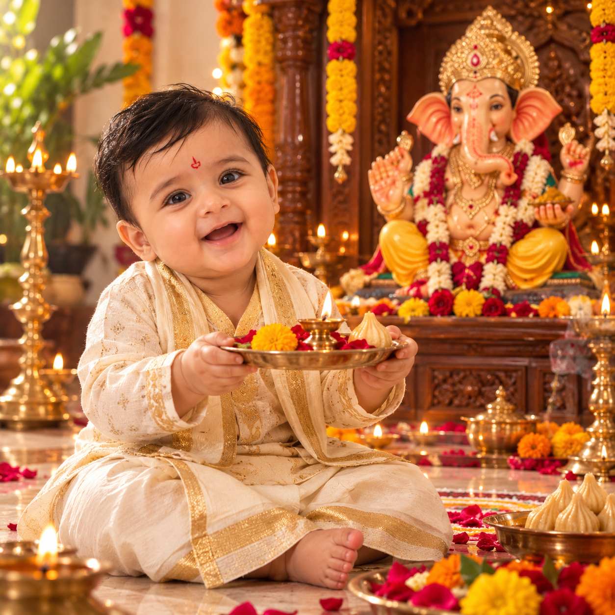 Indian baby in a cream and golden traditional outfit holding a puja thali before Lord Ganesha during a festive Ganesh Chaturthi photoshoot.