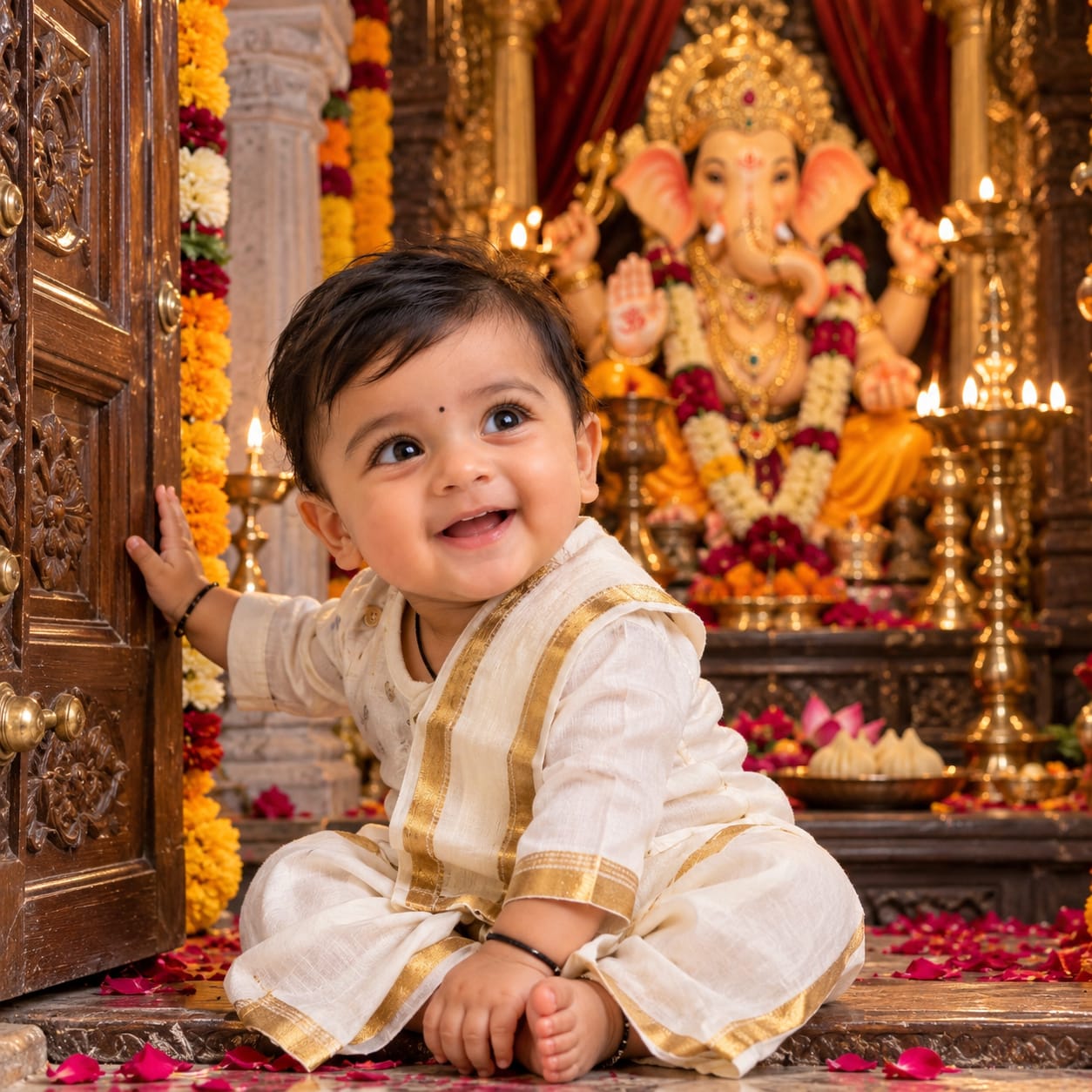 Baby sitting at a traditional Indian temple doorway looking toward a decorated Lord Ganesha idol during Ganesh Chaturthi.