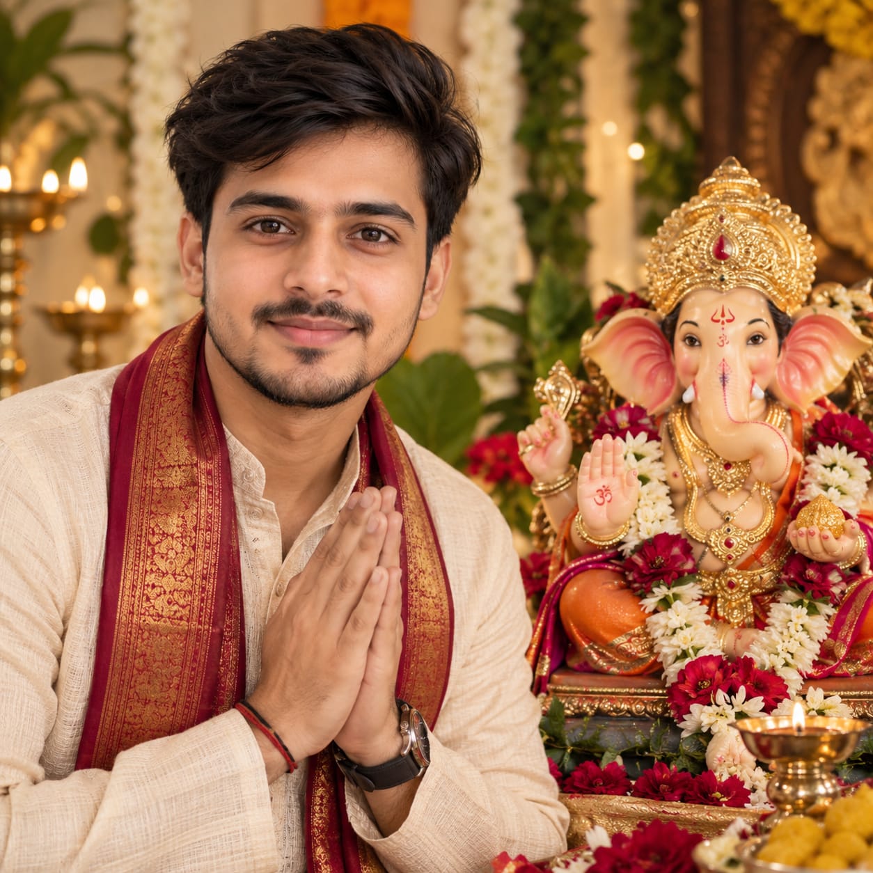 Premium Ganesh Chaturthi portrait featuring a person with a realistic handcrafted Lord Ganesha idol and professional cinematic photography.