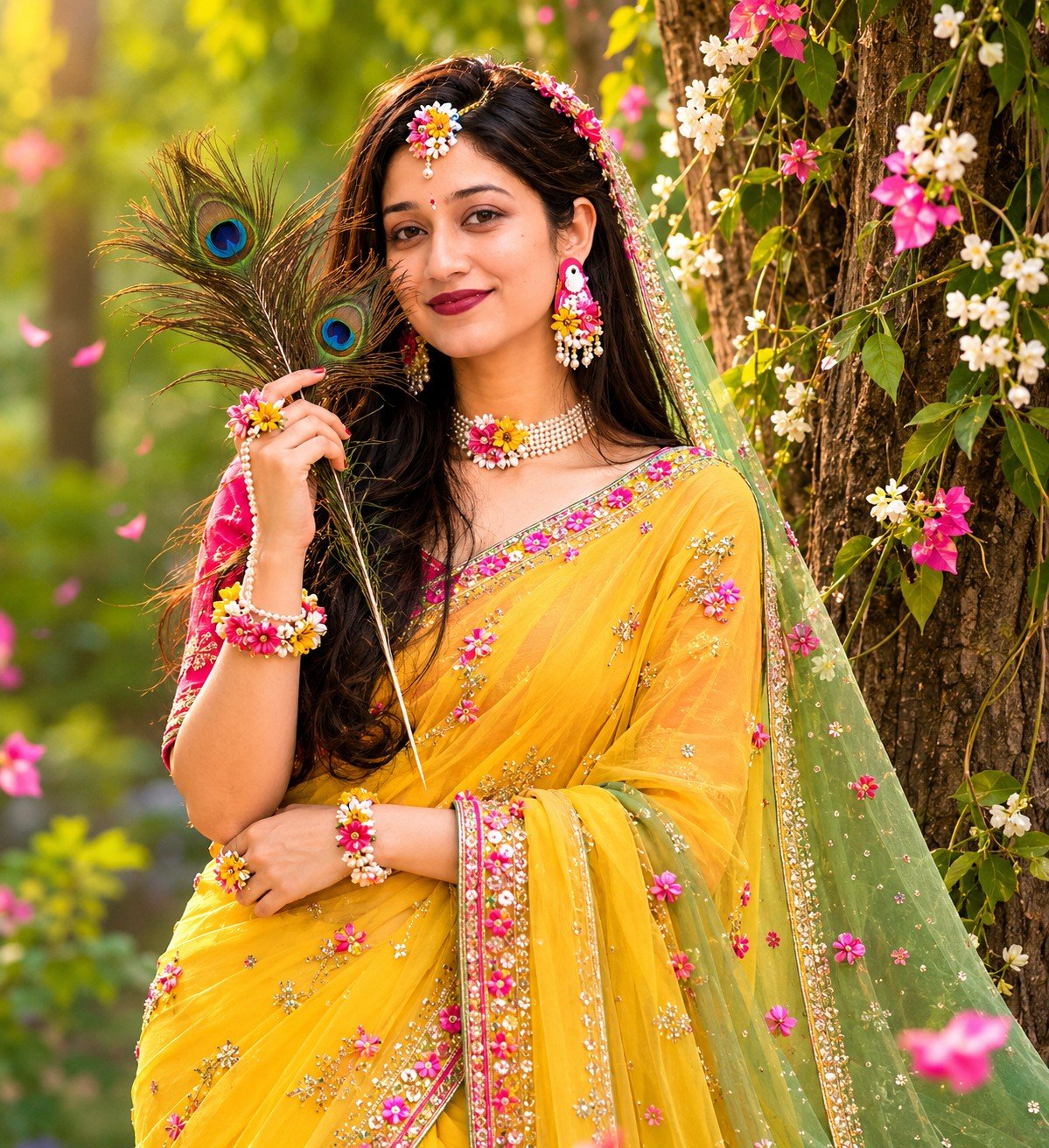 Beautiful Indian woman inspired by Radha wearing a yellow saree and floral jewelry while holding peacock feathers in a lush green forest Prompt.