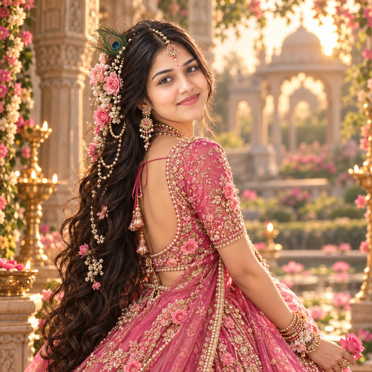 Radha-inspired Indian woman in a royal pink lehenga with pearls, flowers and peacock feather looking over her shoulder in a palace garden.