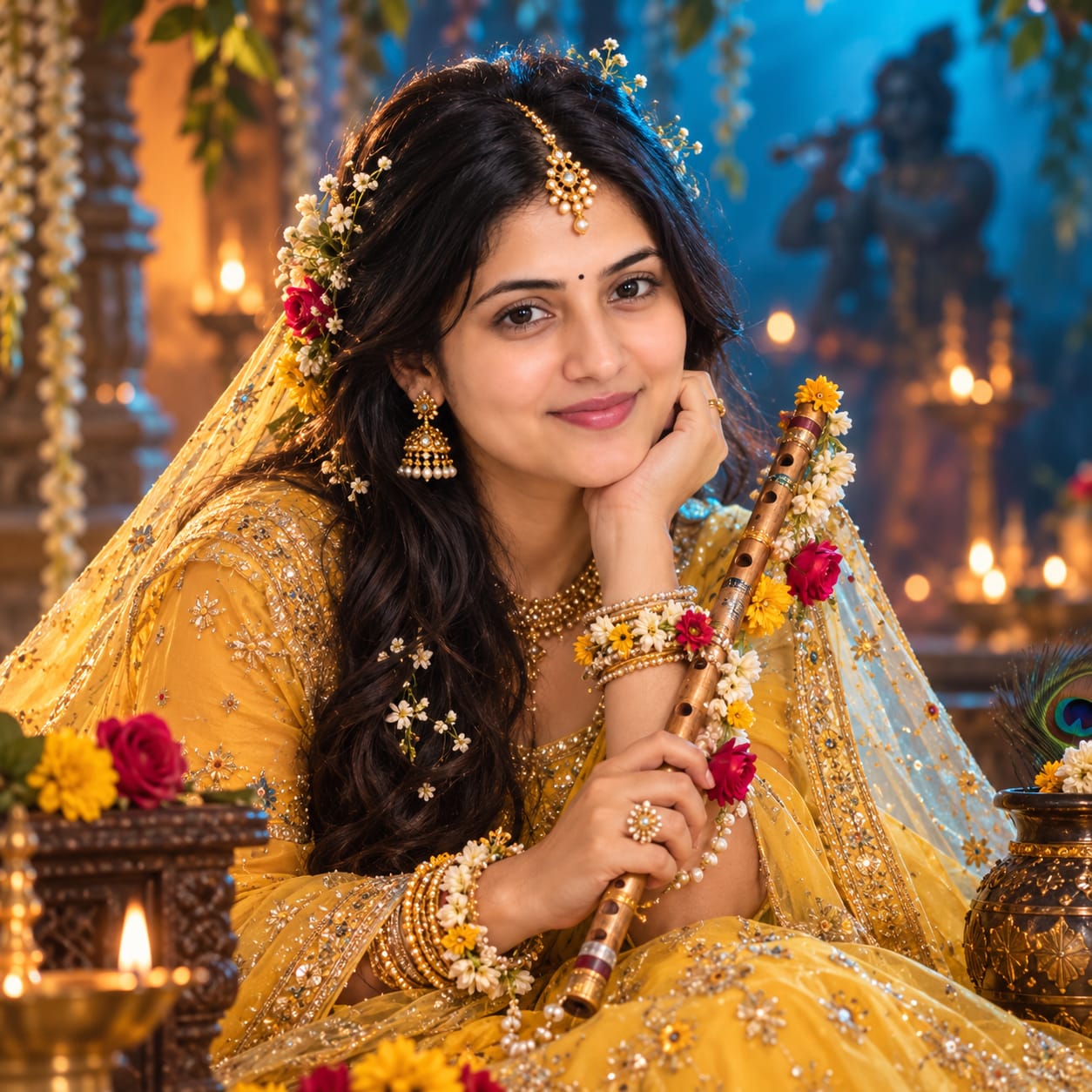 Radha-inspired Indian woman in a yellow lehenga holding a flower-decorated flute with traditional jewelry and cinematic devotional lighting.