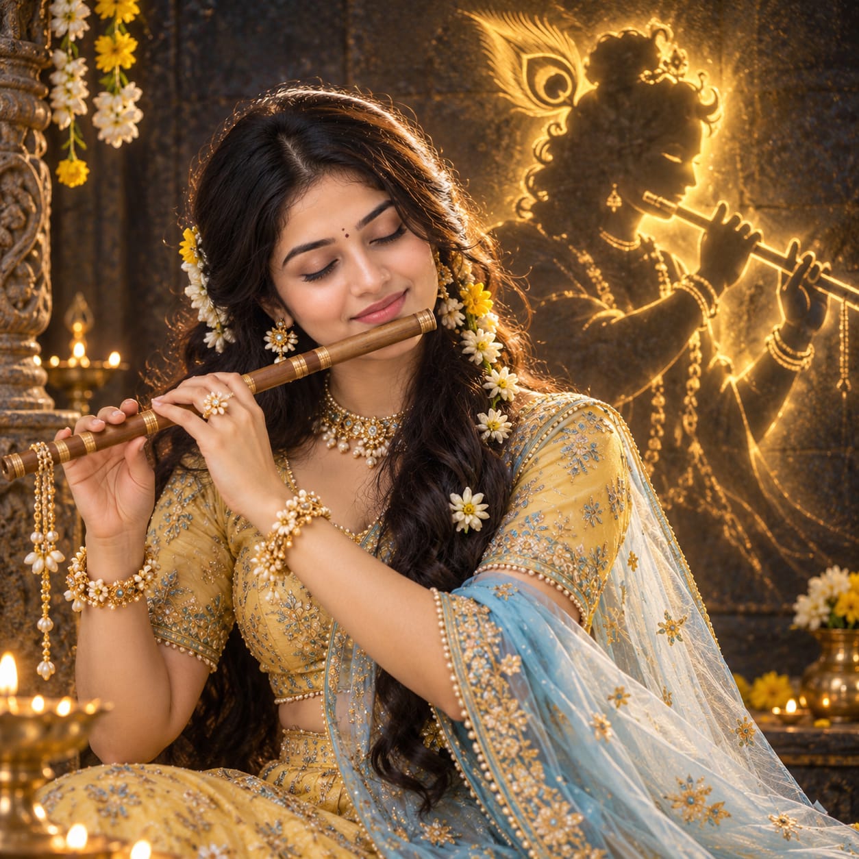 Radha-inspired Indian woman holding a wooden flute with a glowing golden Lord Krishna silhouette behind her in a cinematic devotional portrait.