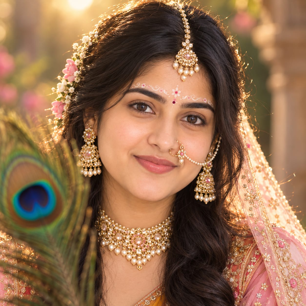 Young Indian woman in a Radha-inspired traditional look with floral bindi artwork, gold-pearl jewelry, nath, maang tikka, and a peacock feather.