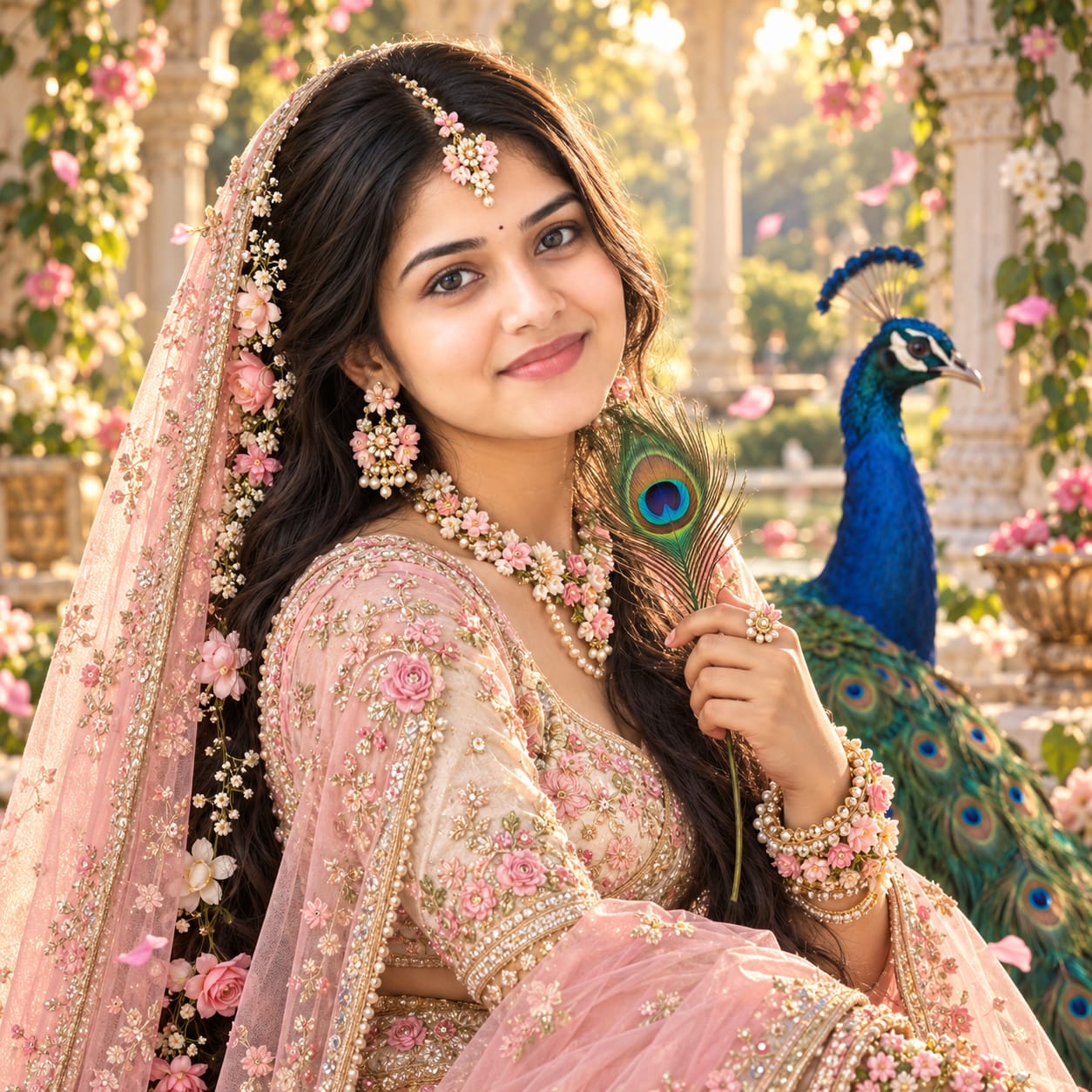Radha-inspired Indian woman in a pastel lehenga holding a peacock feather beside a majestic peacock in a dreamy Vrindavan-inspired garden.