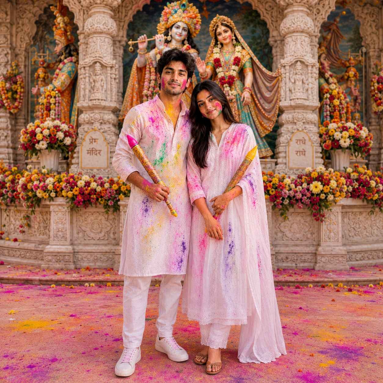 Indian couple celebrating Holi at Prem Mandir Vrindavan with colorful pichkaris and Radha Krishna devotional background Prompt.