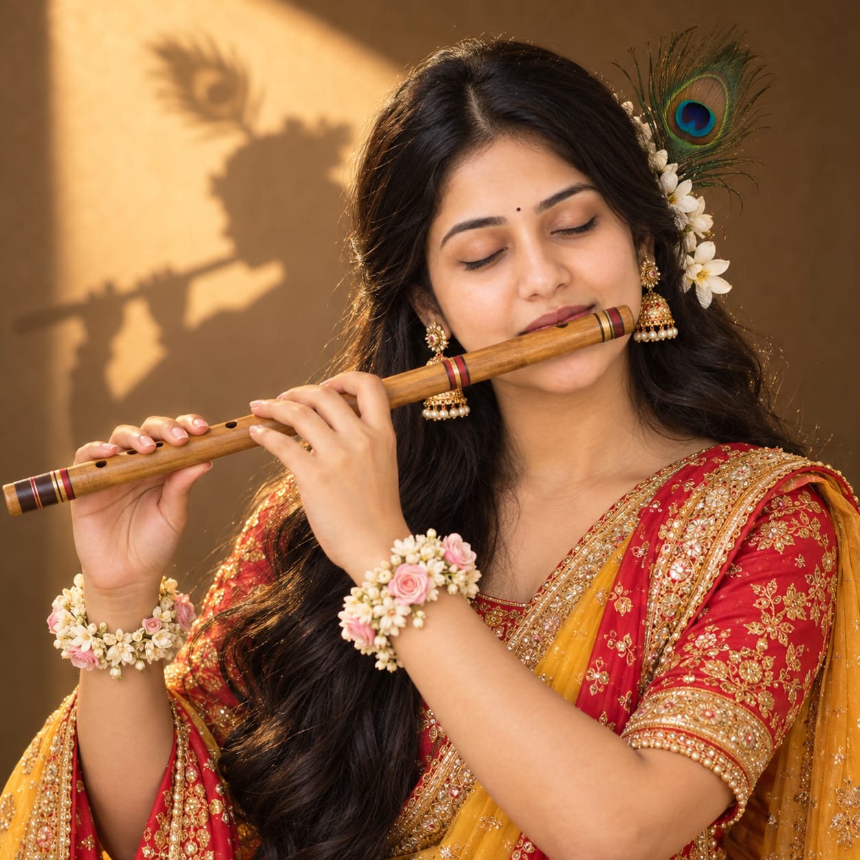 Indian woman in a red and yellow traditional outfit holding a bansuri flute with a peacock feather, flowers, and gold jewelry in a devotional studio portrait.
