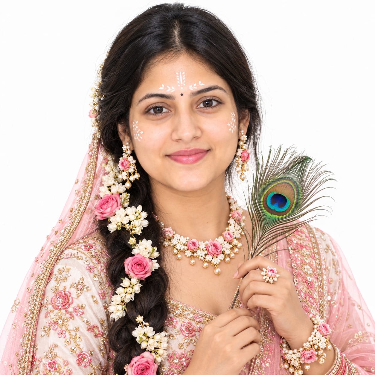 Indian woman in a pink and white lehenga holding a peacock feather with white Chandan artwork, floral jewelry, and a decorated braid in a studio portrait.