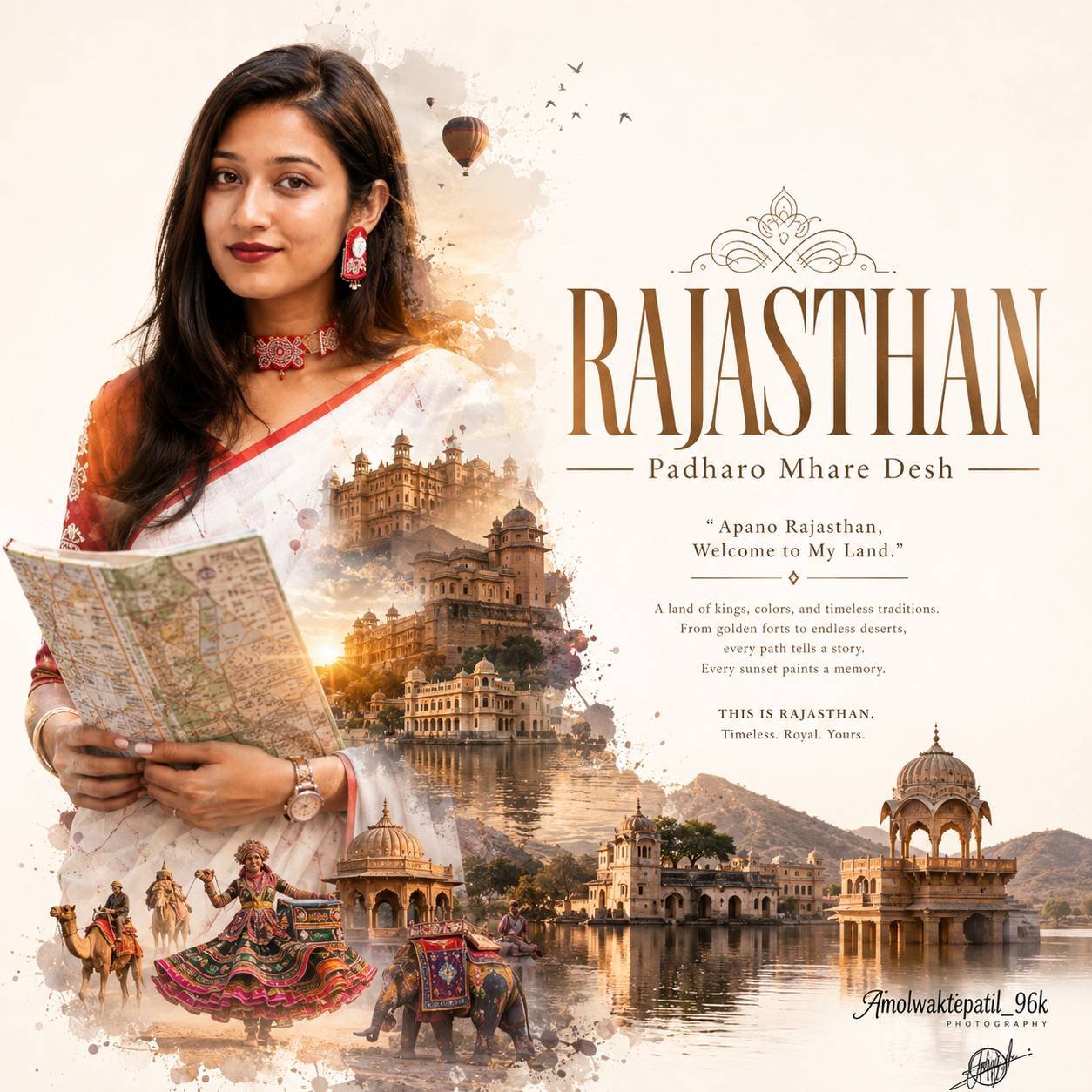Luxury Rajasthan travel poster featuring a double-exposure portrait blended with forts, palaces, desert landscapes, and cultural heritage elements Prompt.