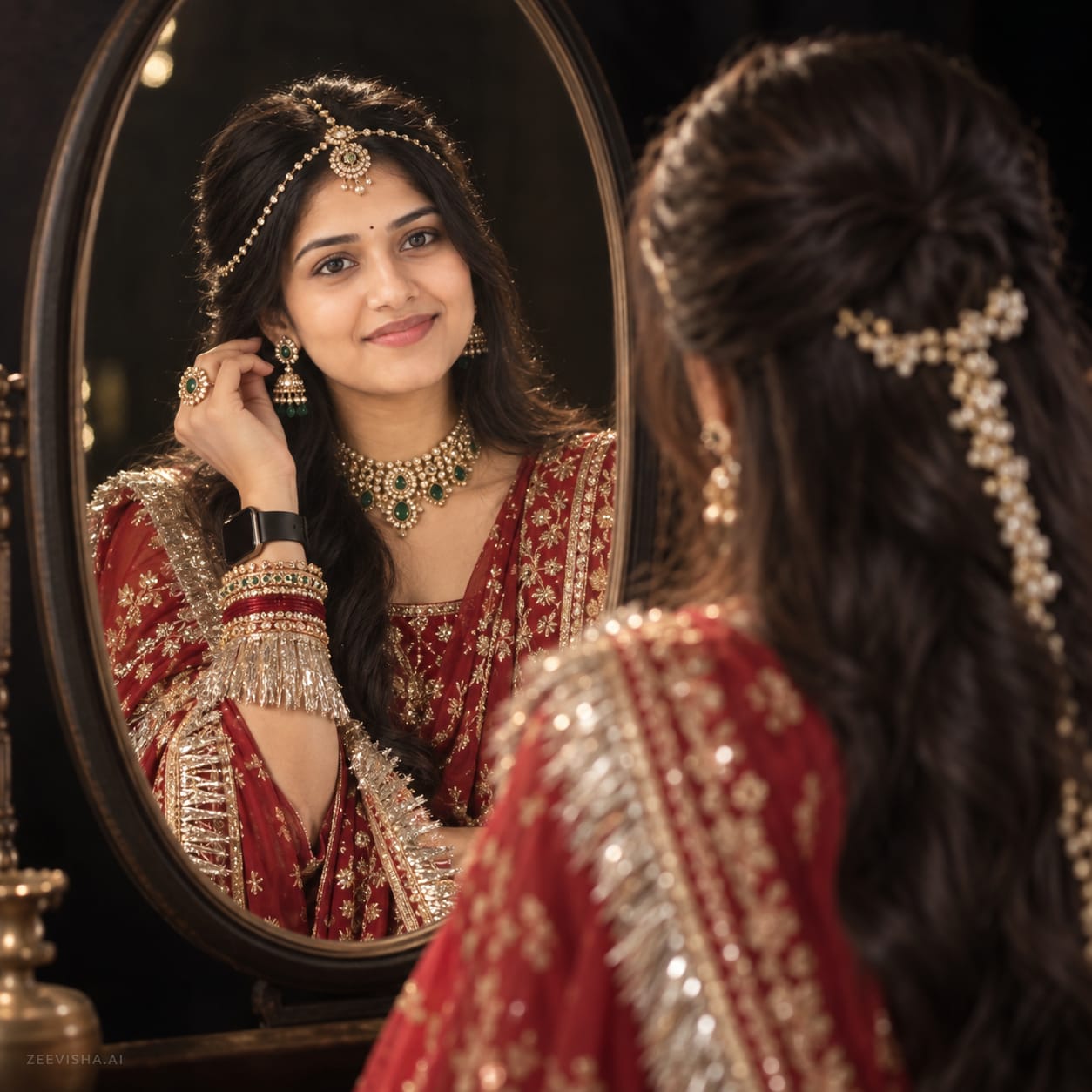 Rajasthani woman in a royal maroon poshak with kundan jewelry posing beside an oval mirror in a cinematic black setting