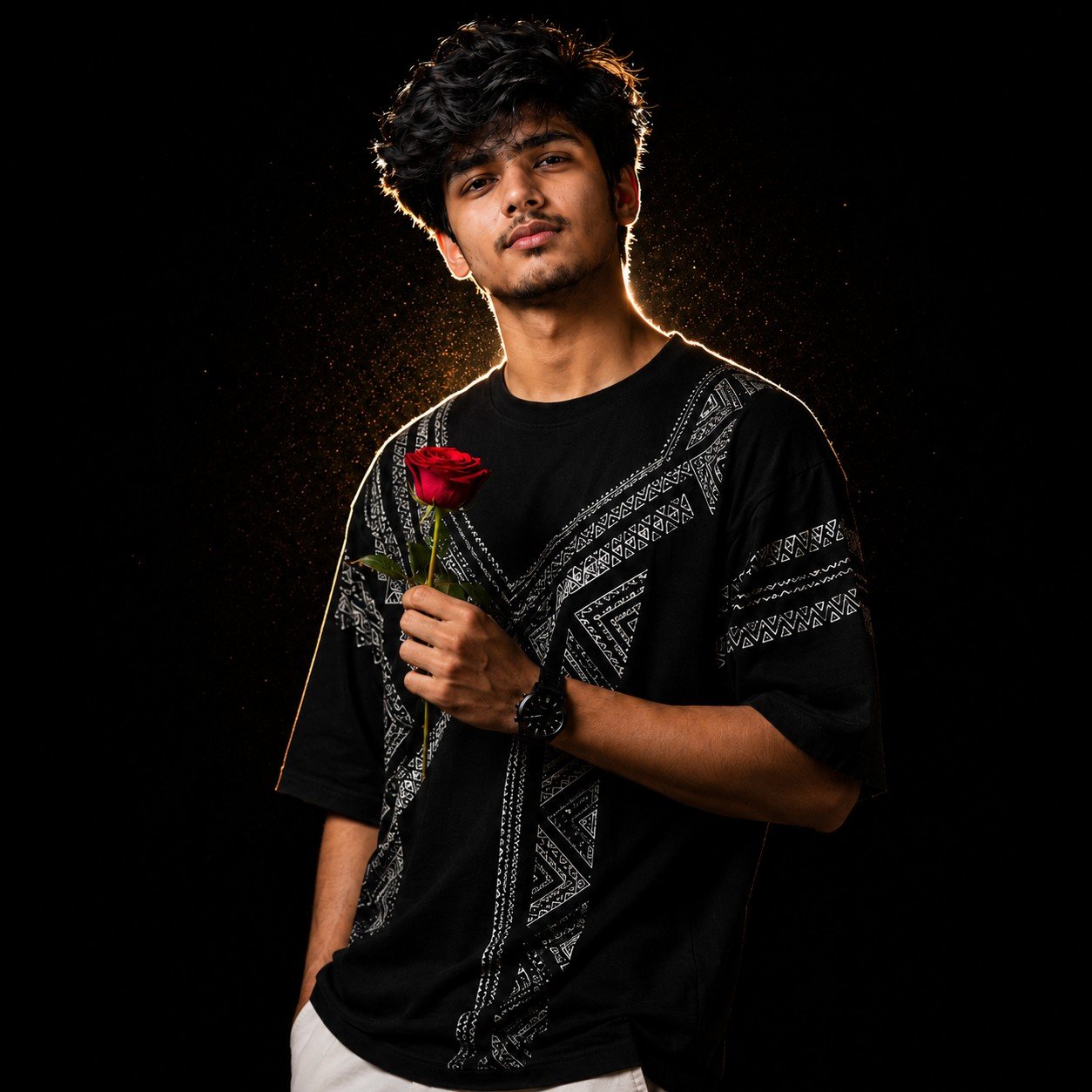 Stylish Indian man holding a red rose against a black background with dramatic cinematic lighting and halo effects Prompt.