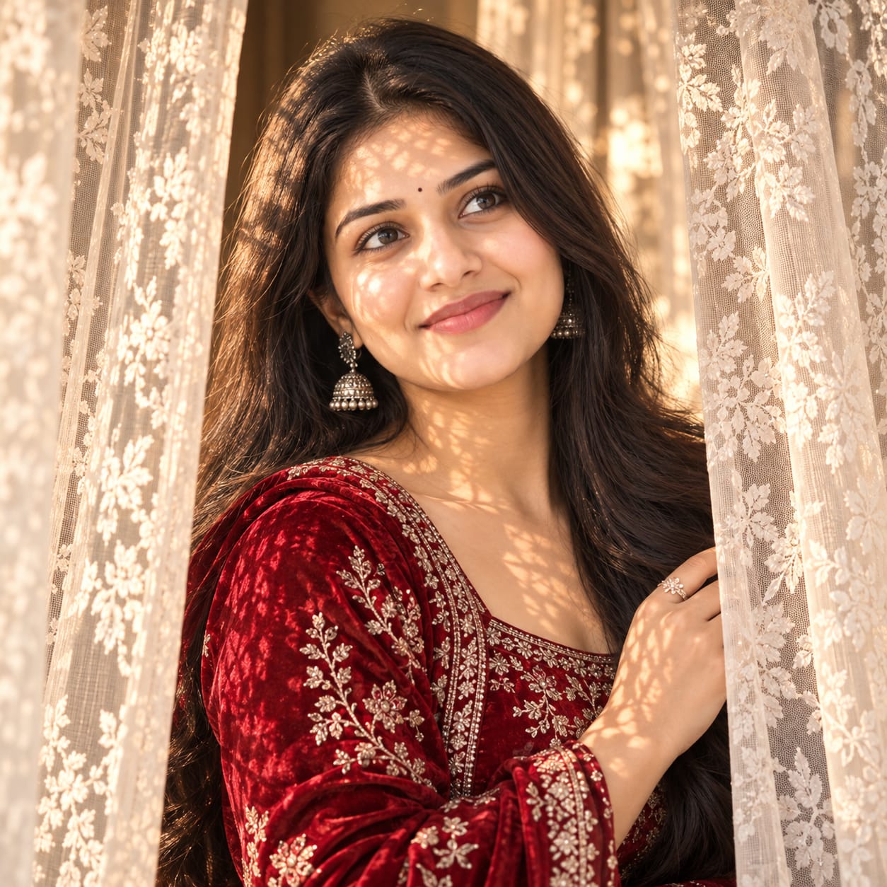 Young woman in a rich-red embroidered velvet traditional outfit with silver jhumkas, framed by lace curtains in warm golden sunlight.