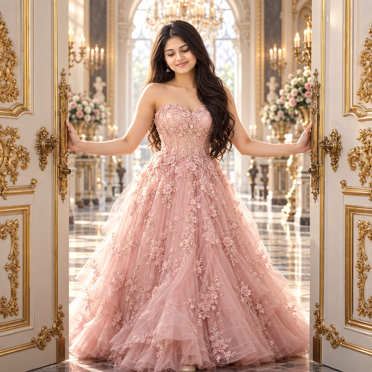 Graceful young woman in a blush-pink princess ball gown entering an opulent European palace through ornate white and gold doors