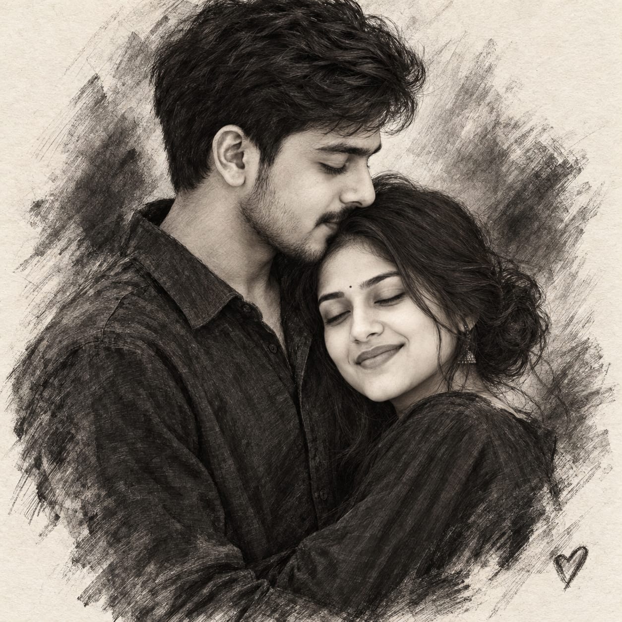 Romantic couple sharing a tender embrace in a detailed monochrome charcoal and graphite fine-art portrait on textured ivory paper.