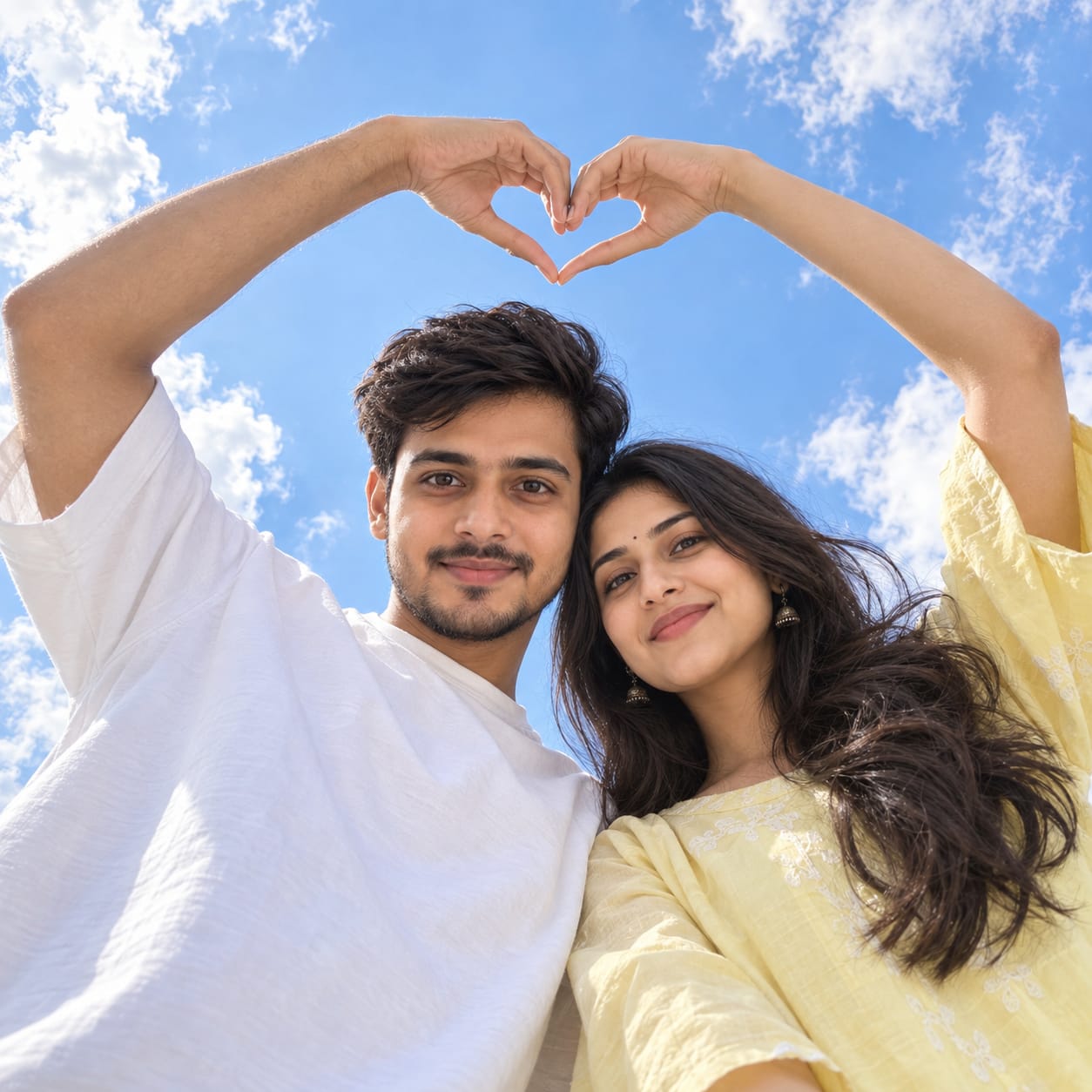 Romantic couple smiling at the camera beneath a blue sky, forming a heart shape with their raised hands in an extreme low-angle portrait.