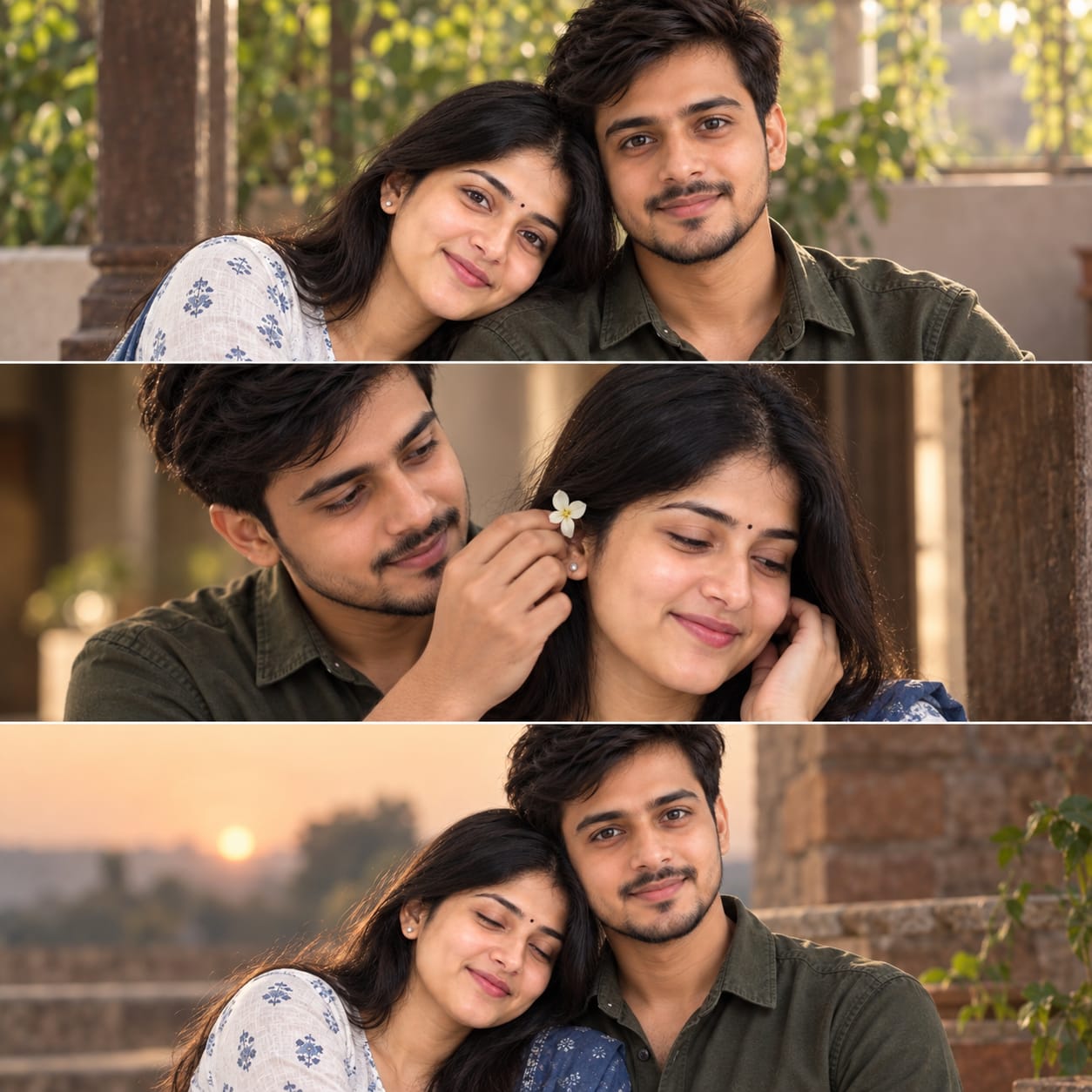 Three-panel romantic couple collage featuring photorealistic portraits with luxury fashion styling, cinematic lighting, natural expressions, and elegant editorial depth.