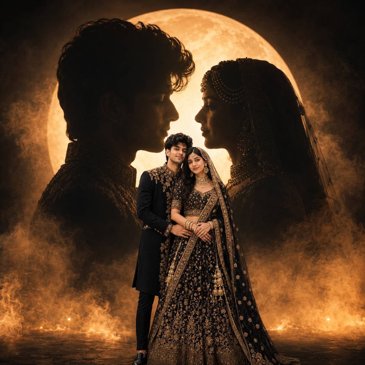 Wedding couple standing before giant romantic profile silhouettes and a glowing halo backdrop in a cinematic luxury wedding poster Prompt.