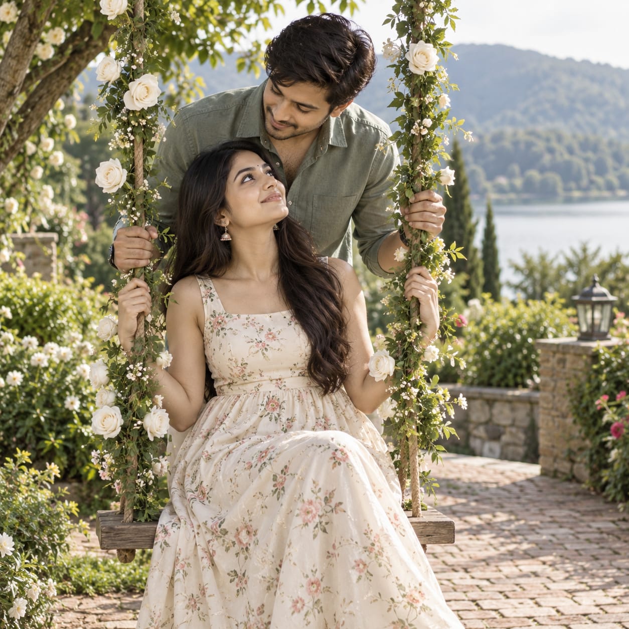 Romantic couple on a white rose-adorned wooden swing in a lush garden with a lake and green hills in the background