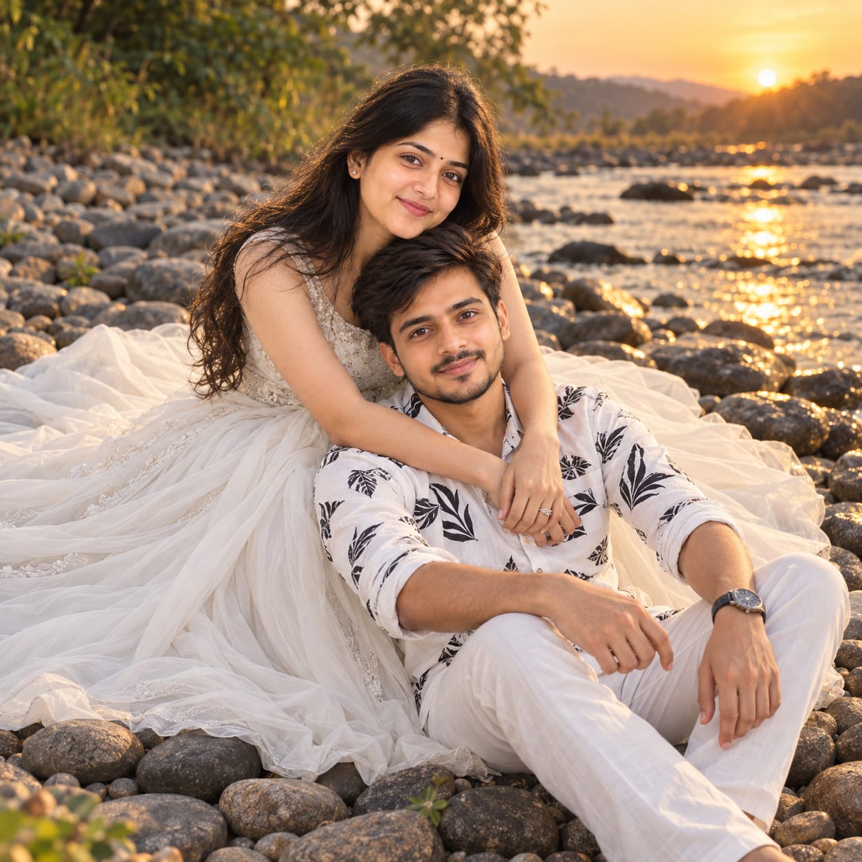 Romantic pre-wedding couple sitting on a rocky riverbank at sunset, with the woman in a flowing white gown embracing the man in a patterned shirt.