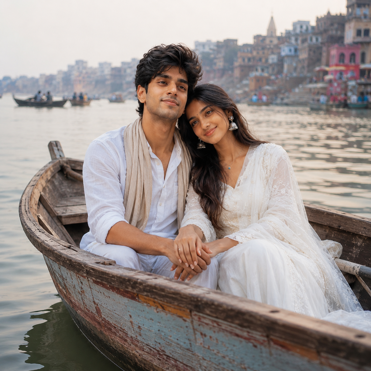 Romantic couple sitting together in a wooden rowboat on a calm river in a cinematic pre-wedding portrait Prompt.