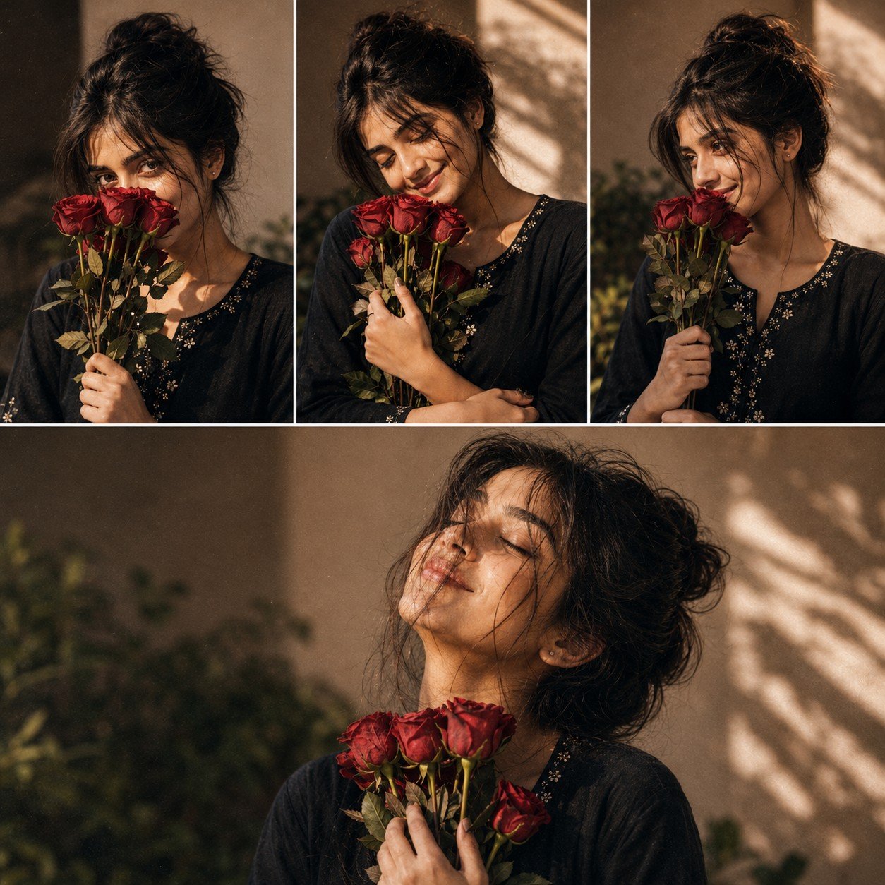 Young woman holding a bouquet of roses in a cinematic multi-frame film collage portrait with romantic storytelling aesthetics Prompt.