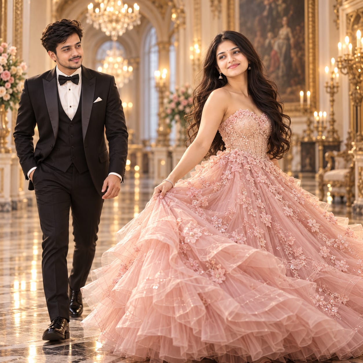 Elegant couple in a royal ballroom with a woman twirling in a blush-pink princess gown and a gentleman in a black tuxedo approaching her
