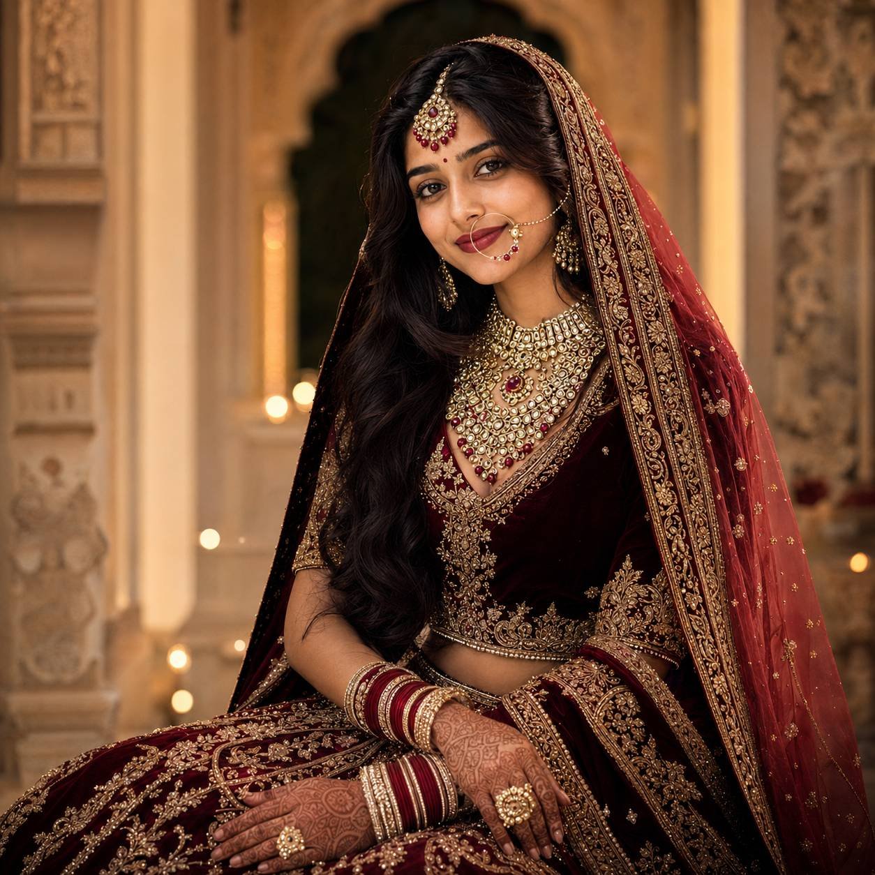 Indian bride wearing a maroon velvet lehenga with royal Kundan jewelry in a luxurious palace-inspired wedding portrait Prompt.