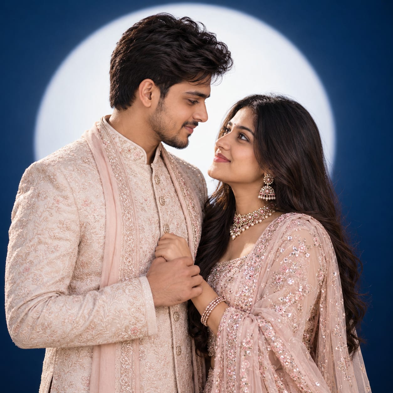 Indian couple in a light-pink sherwani and royal pink sequin lehenga posing against a deep-blue studio backdrop with halo lighting