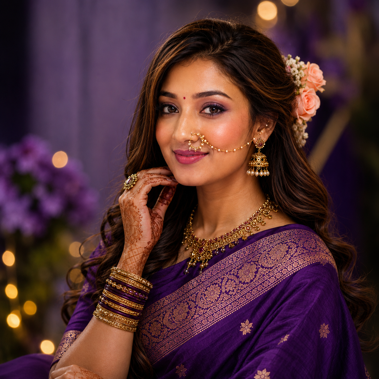 Elegant Indian woman in a deep-purple silk saree with gold jewelry and cinematic portrait styling featuring MKPrompt.com branding Prompt.