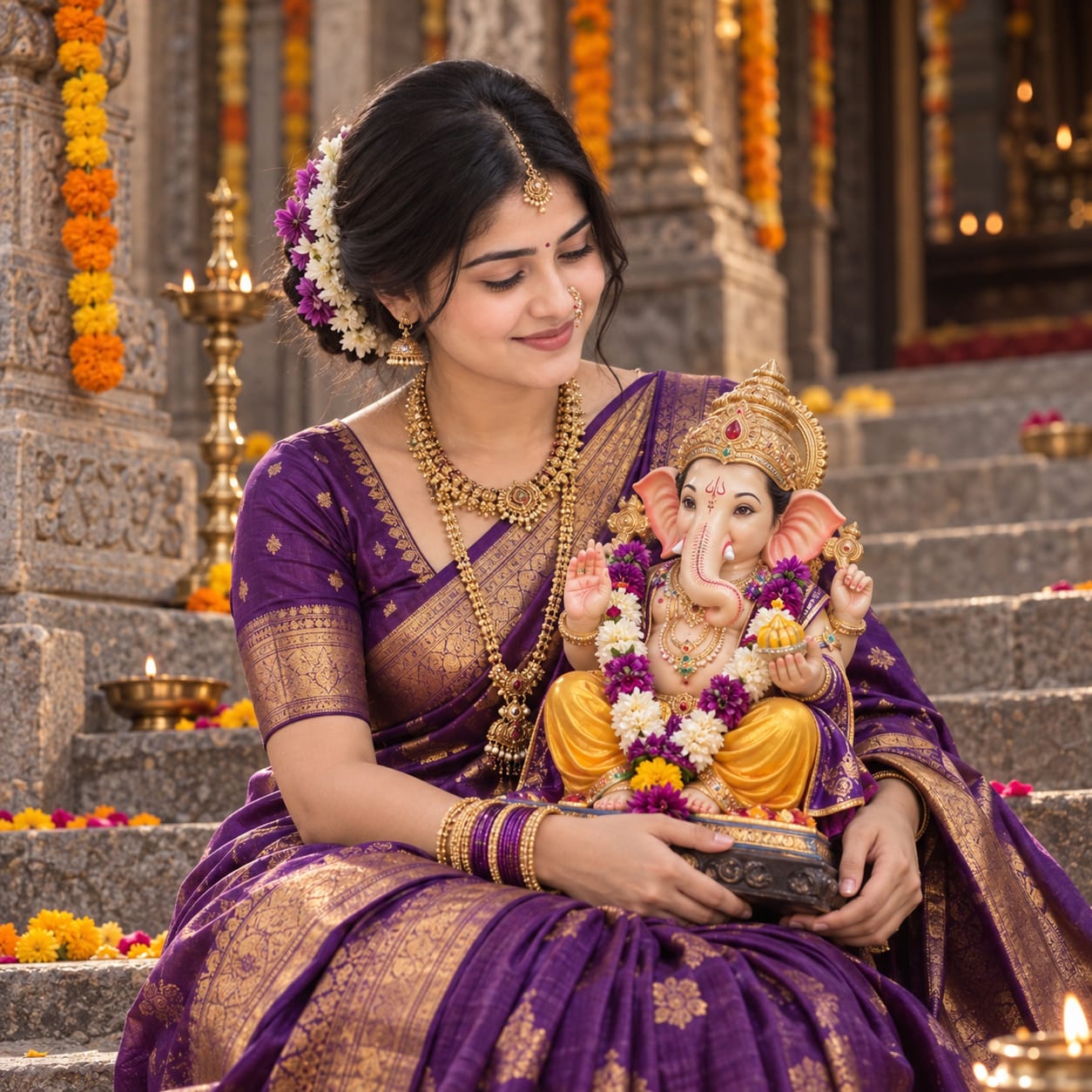 Indian woman in a royal-purple silk saree holding a decorated Lord Ganesha idol on traditional stone steps during Ganesh Chaturthi.