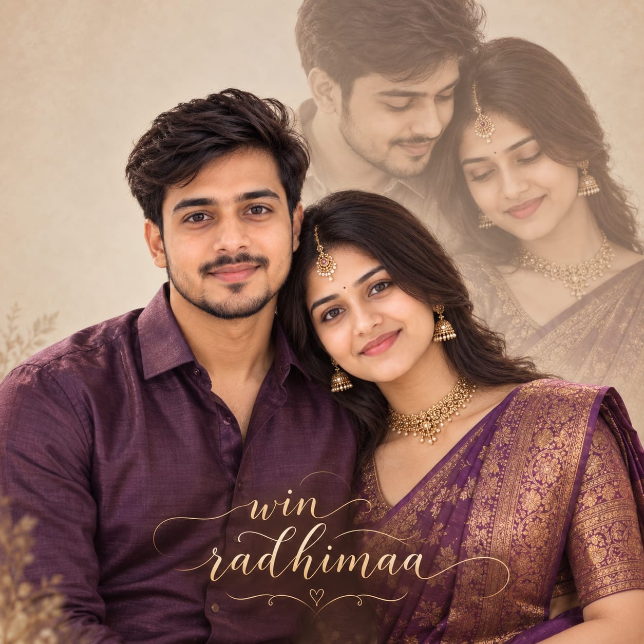 South Indian couple in royal-purple saree and dark-purple silk shirt with gold jewelry in a romantic double-exposure studio portrait