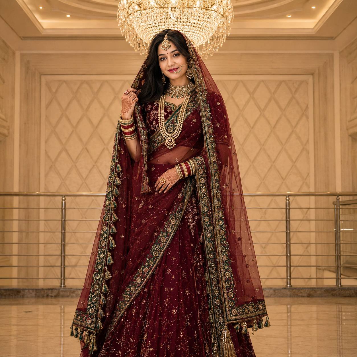 Indian bride wearing a maroon Rajasthani bridal saree with royal jewelry in a luxury indoor wedding portrait Prompt.