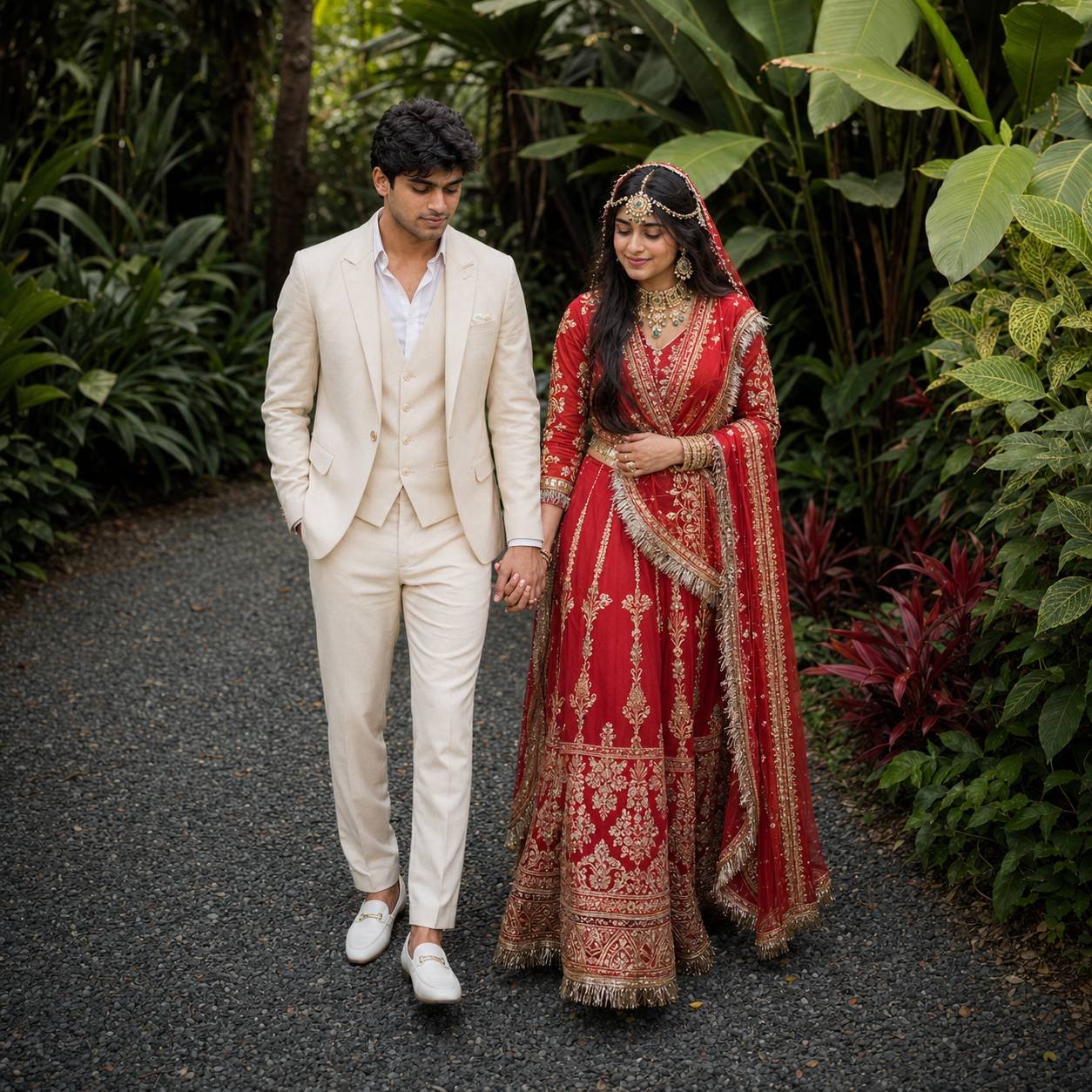 Royal Rajputi couple walking hand in hand through a tropical garden in a luxury cinematic wedding portrait Prompt.