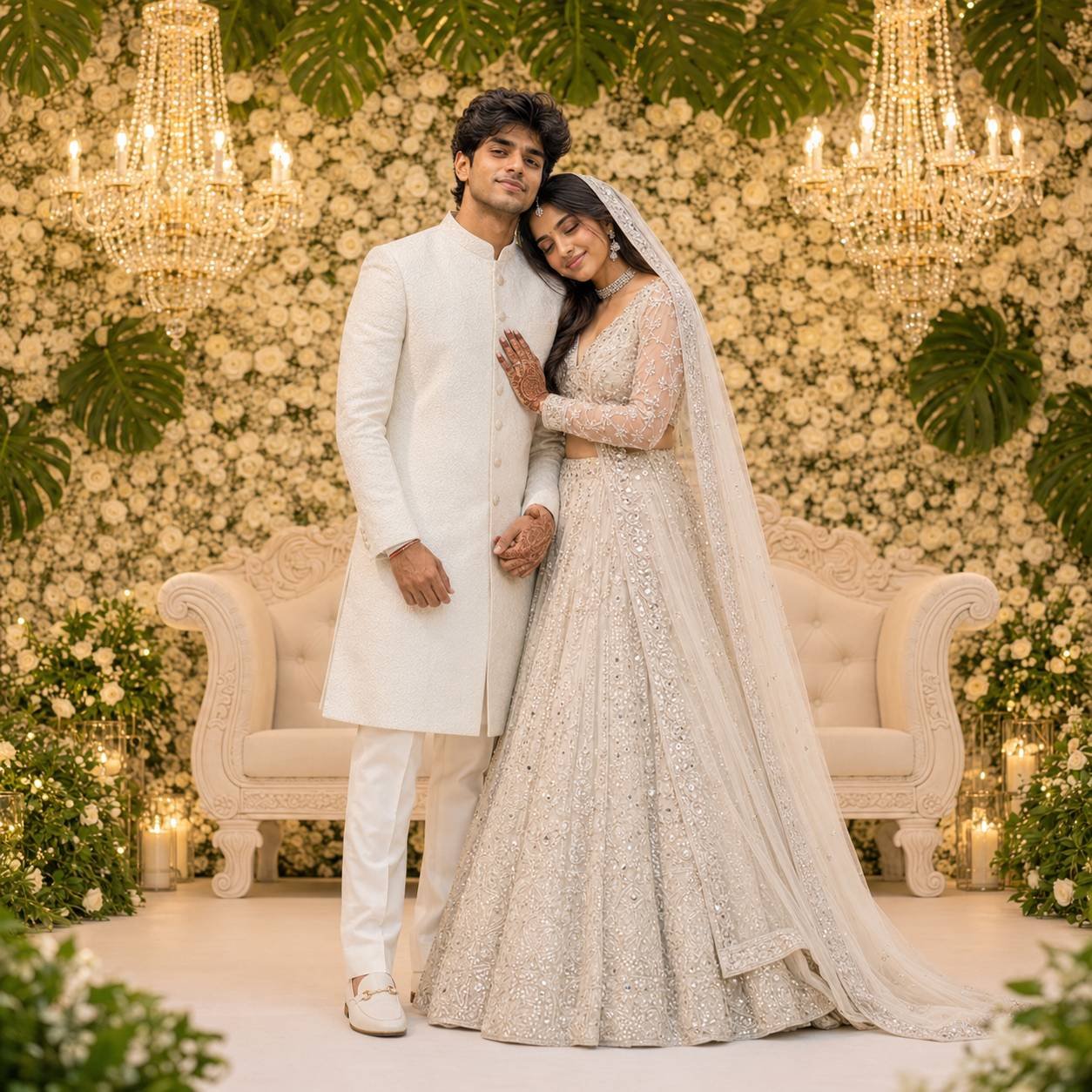 Elegant Indian couple posing on a luxurious white floral engagement stage with royal wedding styling and cinematic photography Prompt.