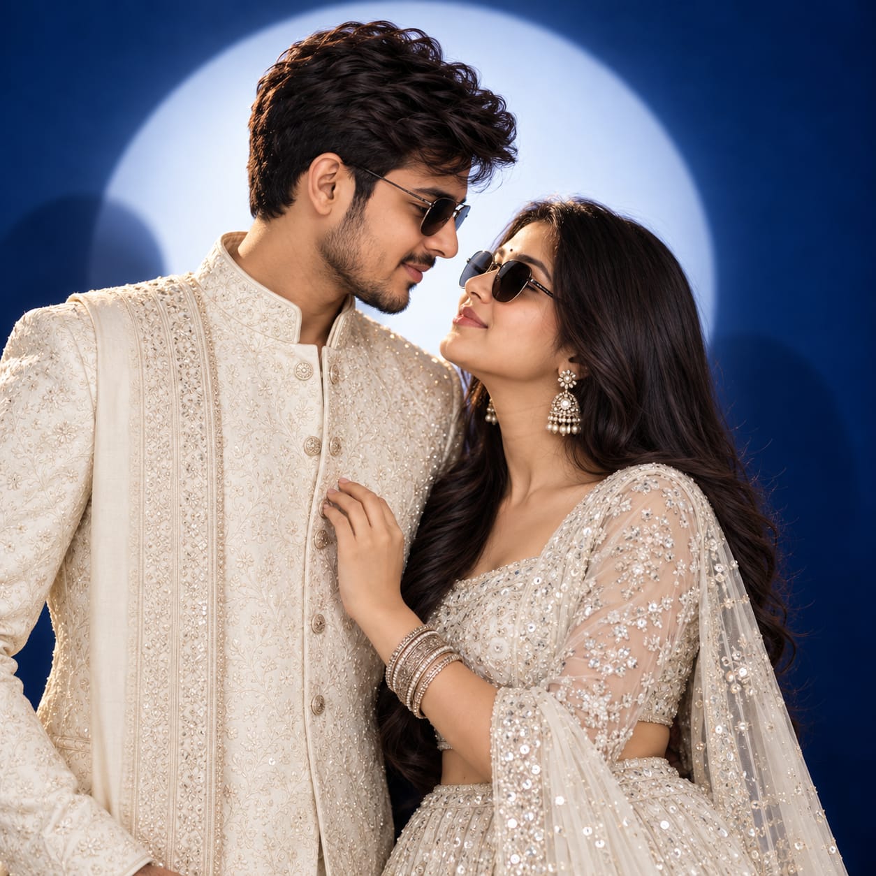 Indian couple in a white designer sherwani and royal-white sequin lehenga posing against a deep-blue studio backdrop with halo lighting