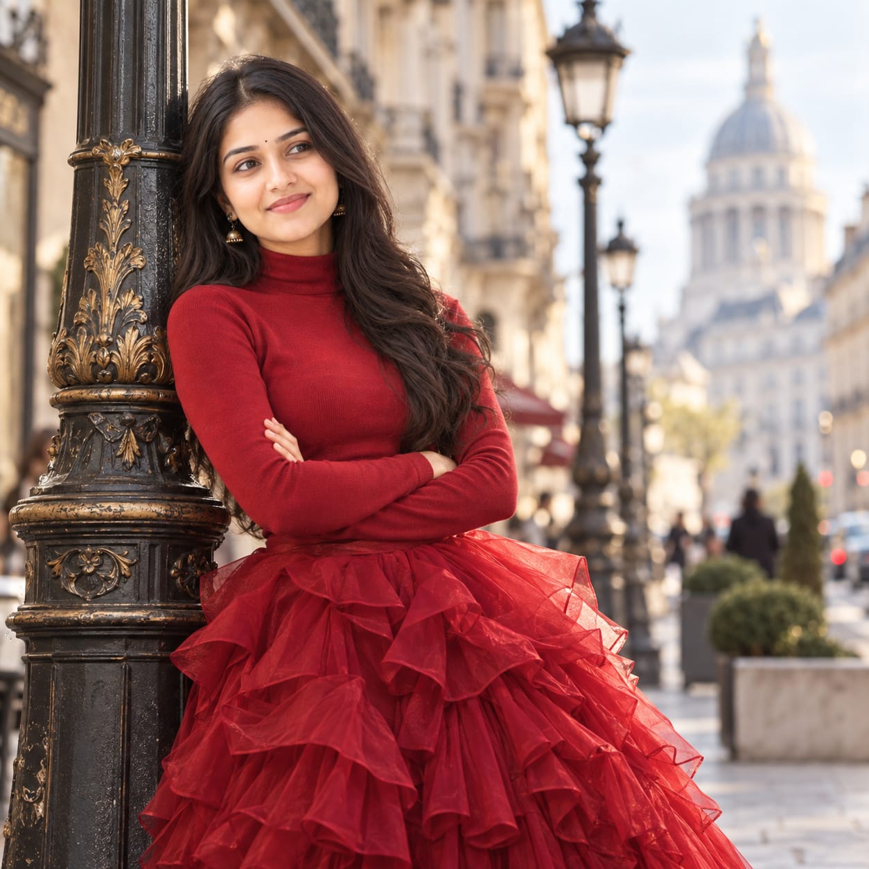 South Asian woman in a ruby-red turtleneck and organza ruffle skirt posing beside a vintage street lamp in a European city setting