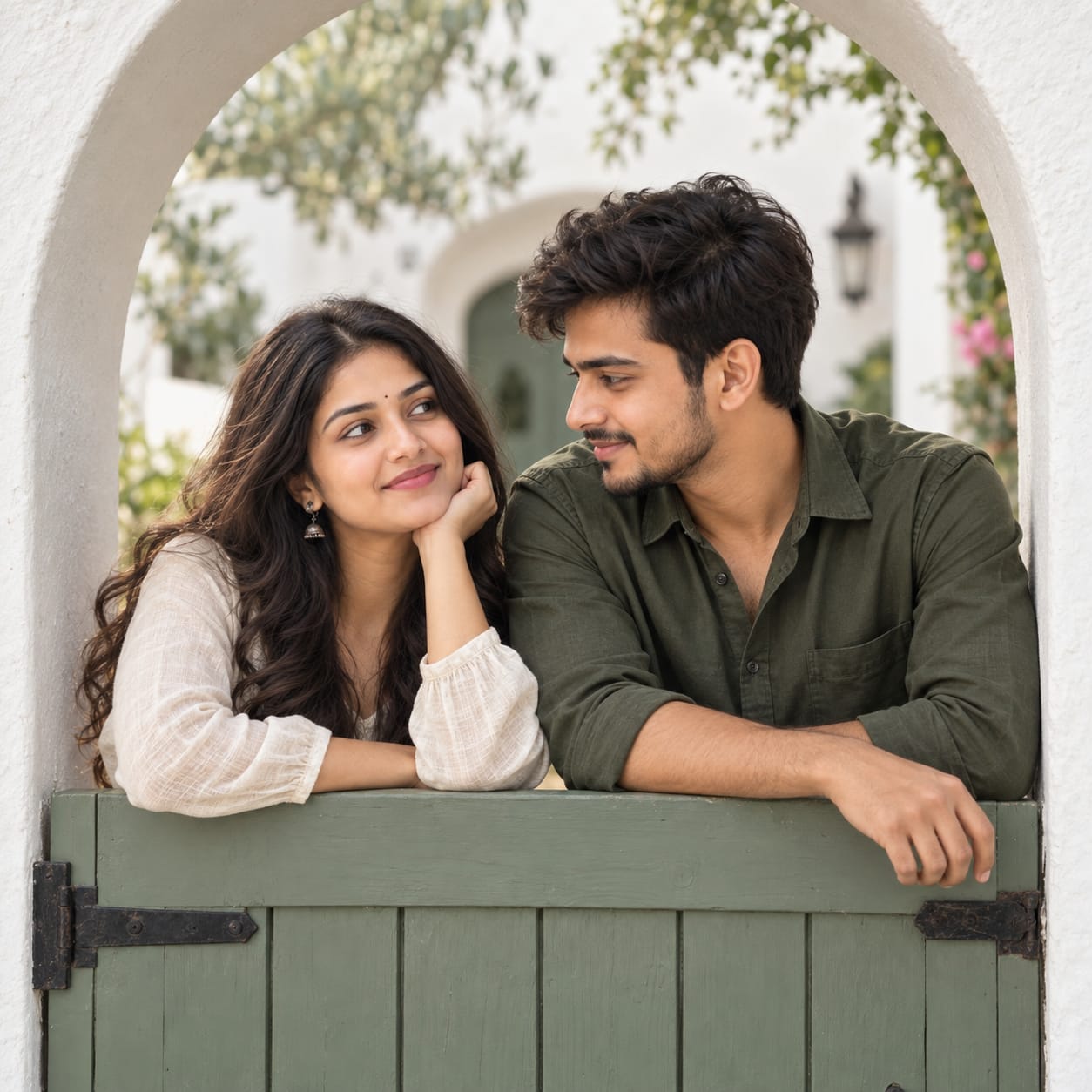 Romantic South Asian couple gazing at each other over a sage-green wooden gate framed by a white stucco arch window