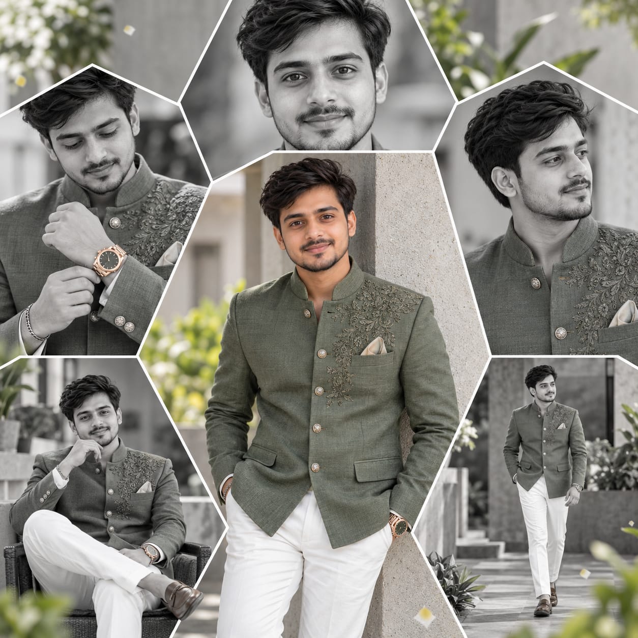 Male birthday tribute portrait in a sage-green bandhgala with five monochrome hexagonal panels and modern editorial styling