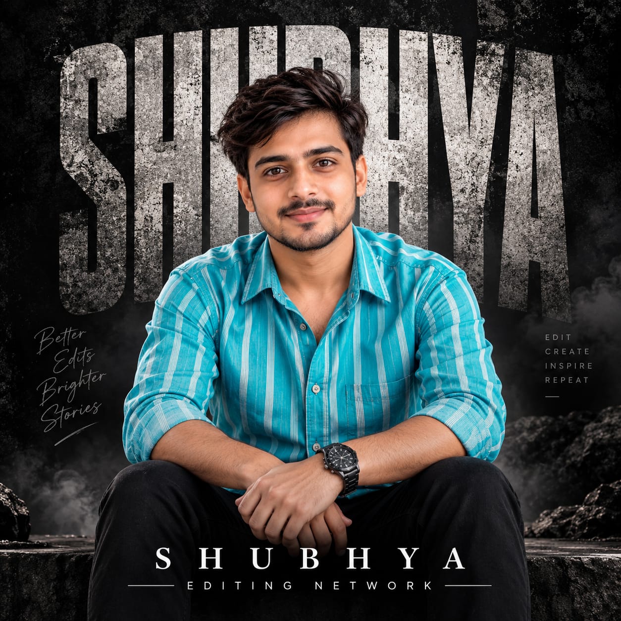 Young man in a bright turquoise striped shirt featured in a dark cinematic grunge portrait poster with distressed SHUBHYA typography.
