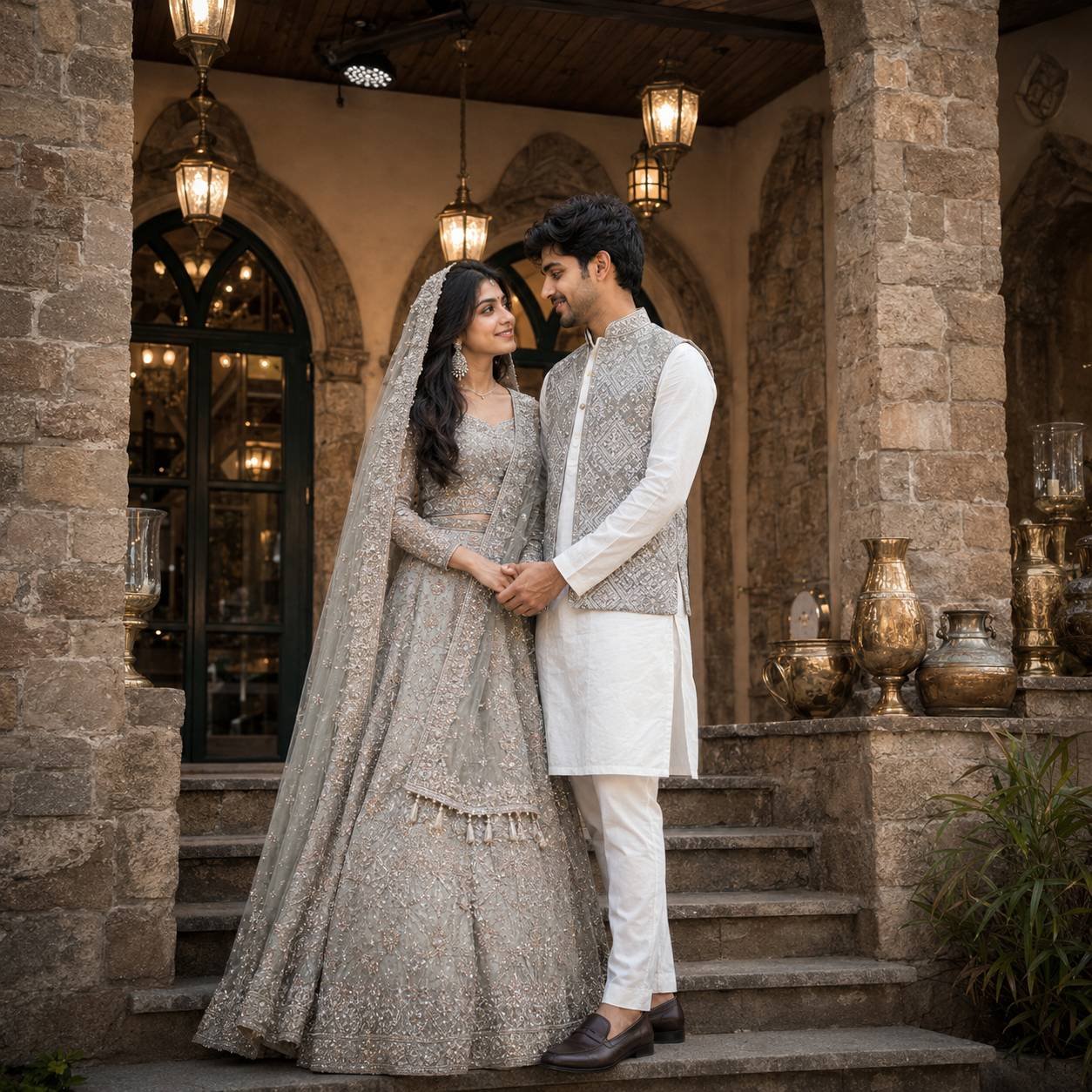South Asian bride and groom in silver-grey wedding attire standing on rustic stone steps in a luxury editorial wedding portrait Prompt.
