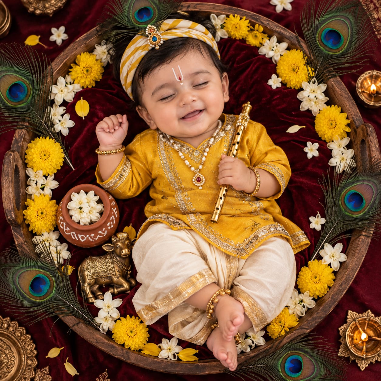Peaceful Indian baby boy sleeping as Little Krishna on deep-maroon fabric, surrounded by flowers, peacock feathers, a golden flute, and a brass cow idol.