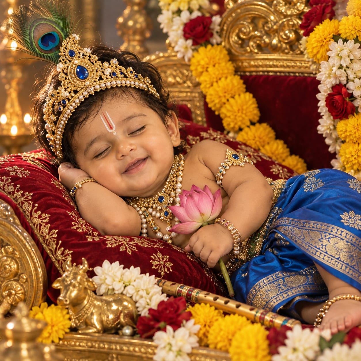 Adorable Indian baby boy dressed as Bal Krishna sleeping peacefully on a luxurious golden throne with red velvet cushions, a jeweled crown, and pink lotus.