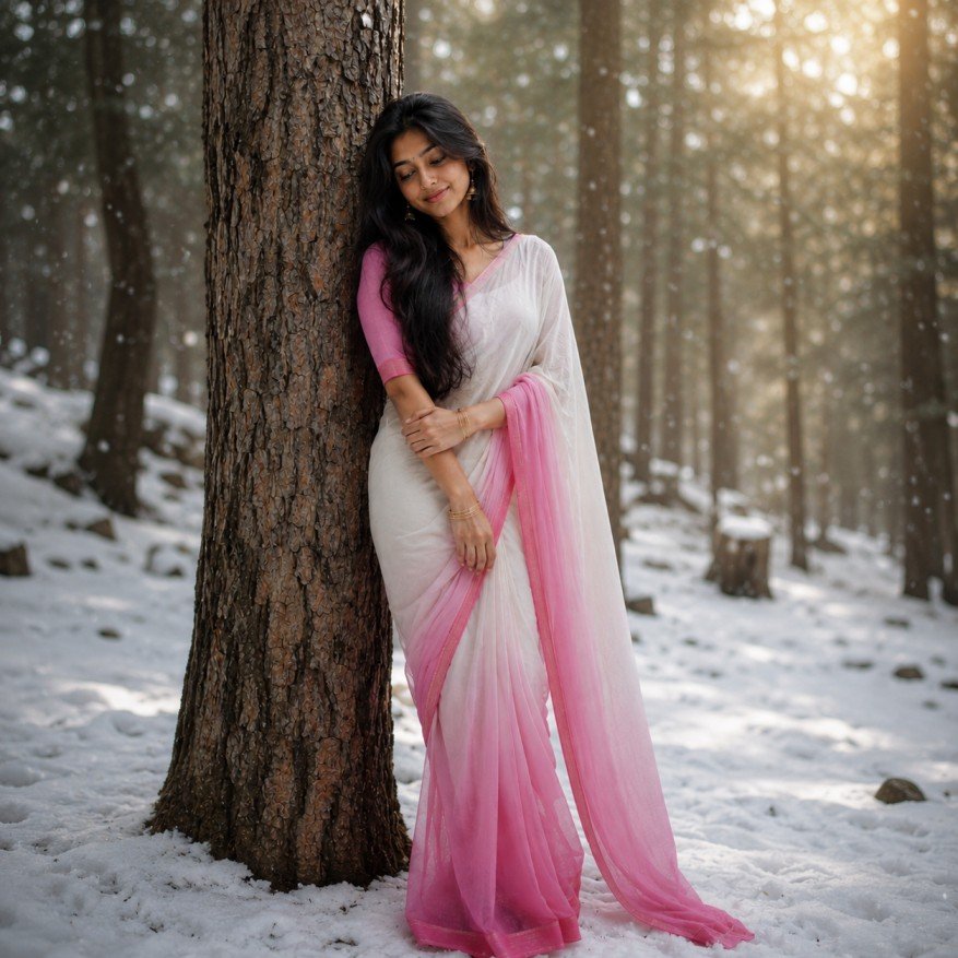 Young woman in a white-to-pink chiffon saree standing in a snowy pine forest with cinematic portrait photography Prompt.