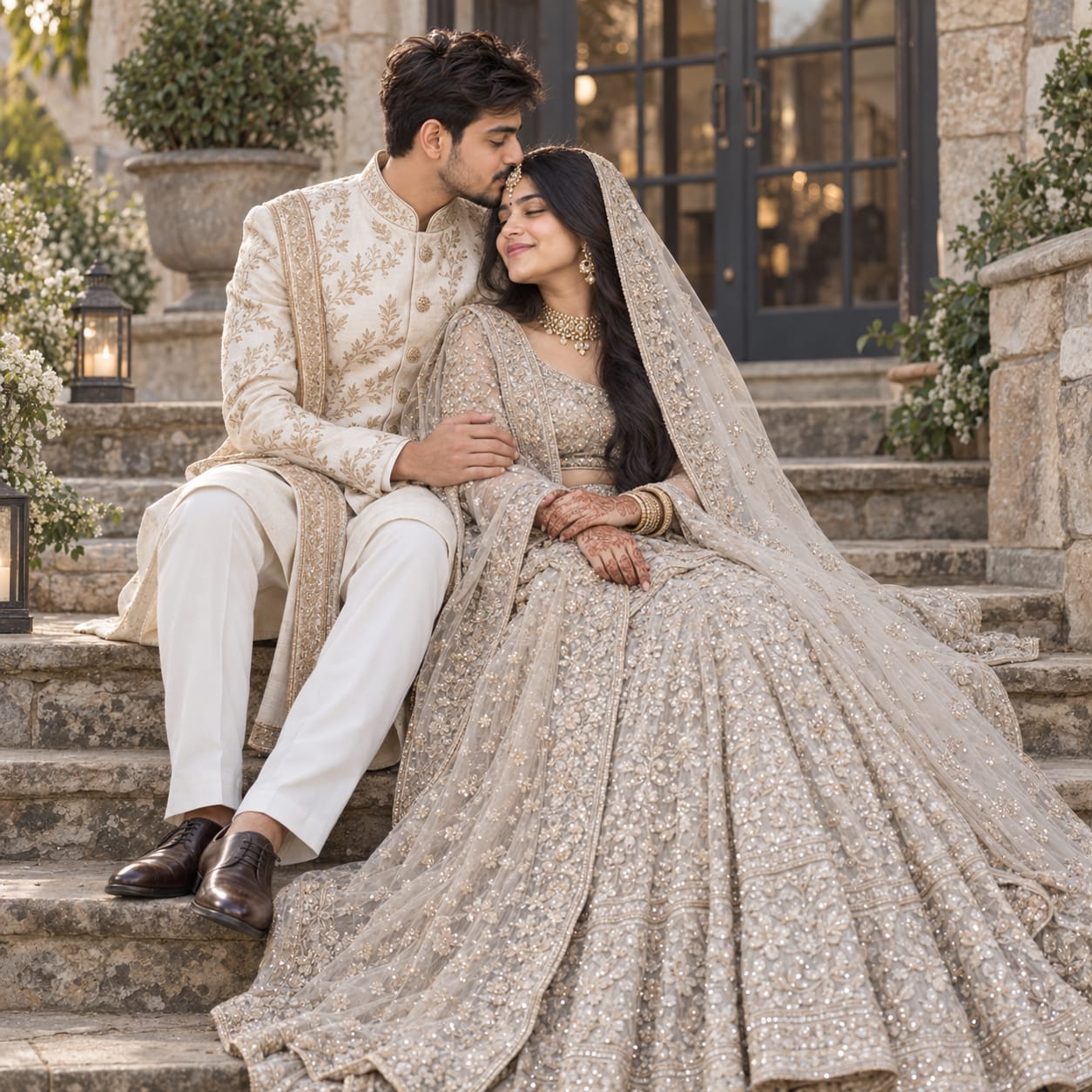 South Asian groom kissing his bride’s forehead as they sit together on rustic stone steps outside an elegant stone villa.