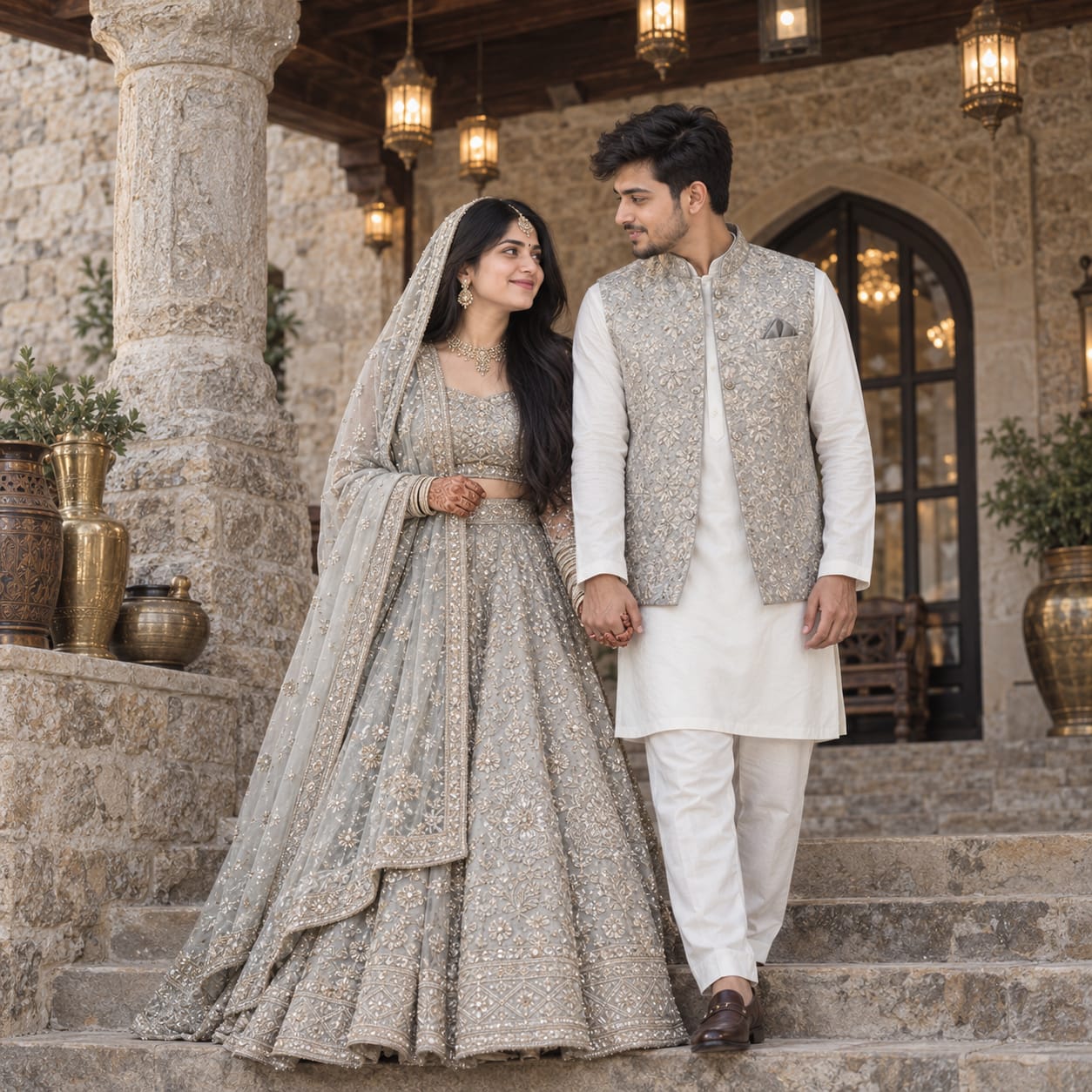 South Asian bride in a silver-grey lehenga and groom in a white kurta with silver-grey vest standing together on heritage stone steps.